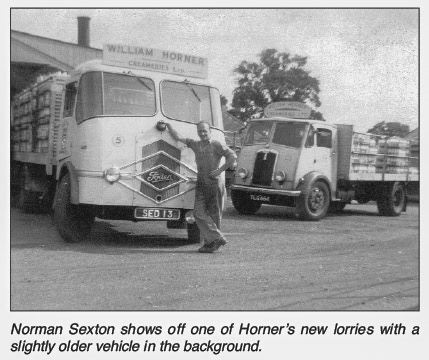 1950's Horner's trucks. Foreground vehicle is a Foden. James Ayres comments "The vehicle in the background is a Thornycroft - the 'T' on the radiator is the give-away. Possibly a Mk 1 Trident. The firm started as a steam lorry maker in the 19th century, only going over to internal combustion before WW1. They were taken over by AEC in 1961." Picture from 'William Horner and His Creamery' by Jill King 2012