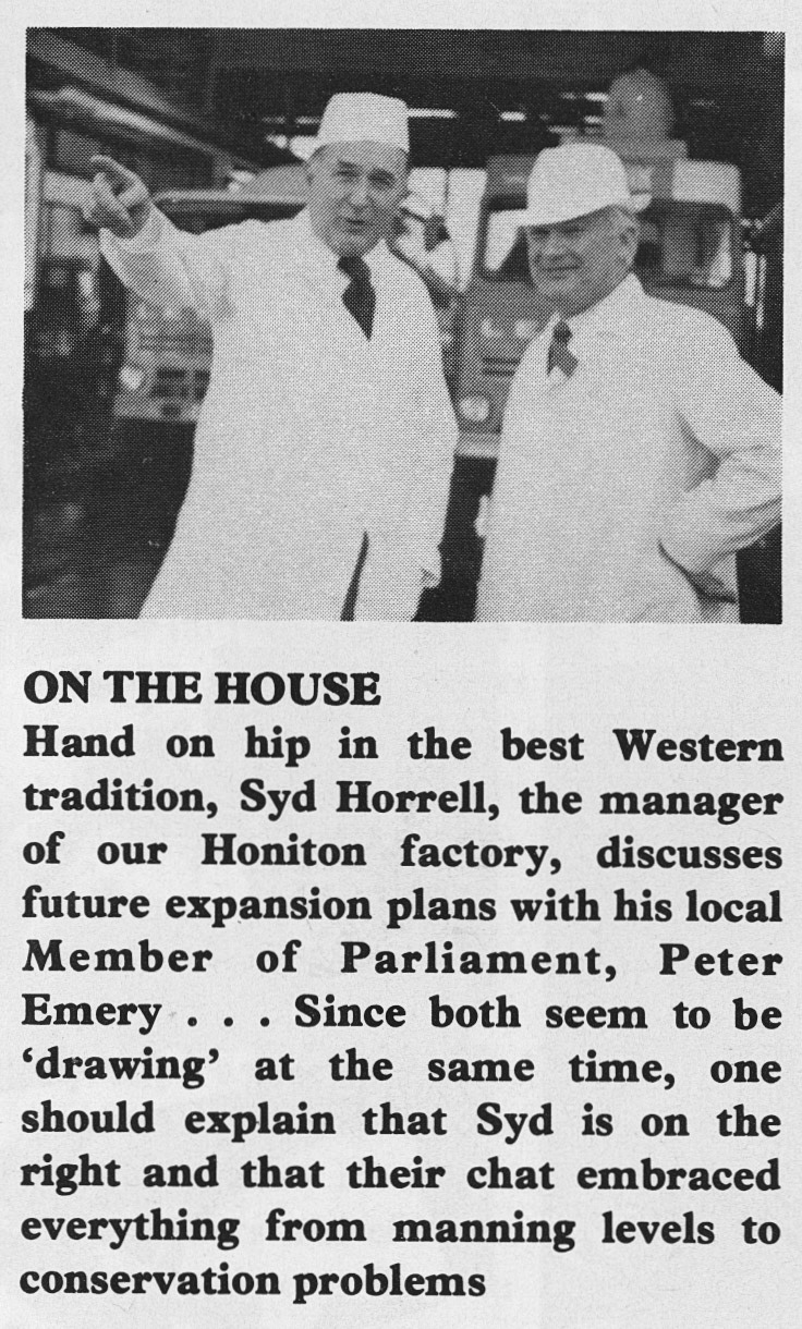 1977 Syd Horrell discusses Honiton Creamery expansion plans with Peter Emery, local MP.
