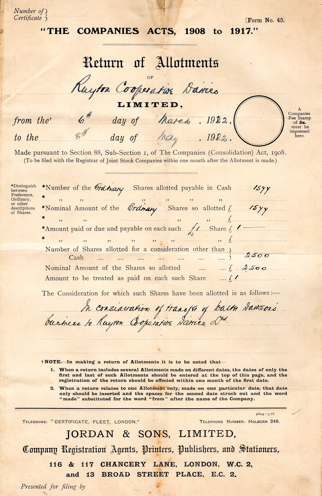 1922 Companies Acts 'Return of Allotments' form