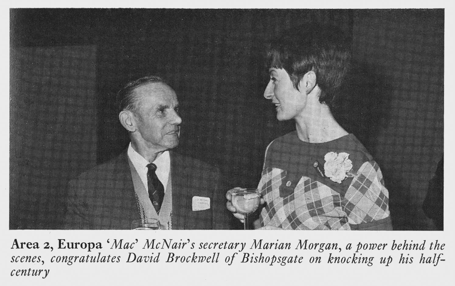 1972 Bishopgate's David Brockwell with Marian Morgan, secretary to 'Mac' McNair at London Merit and Service Dinner. (Express News Summer)