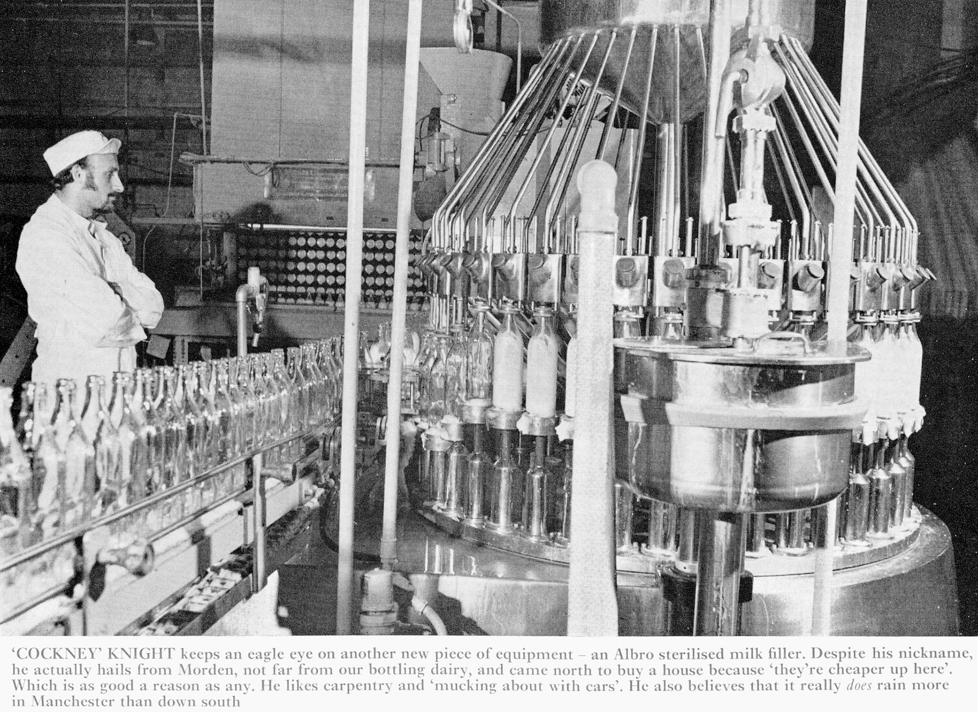 1971 Wythenshawe-'Cockney' Knight supervises the Albro sterilised milk filler. (Express News Xmas)