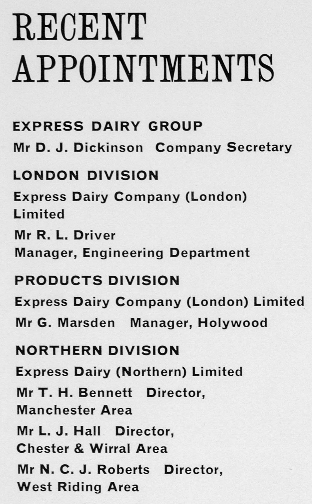 1962 Recent Appointments. (Express News Autumn)