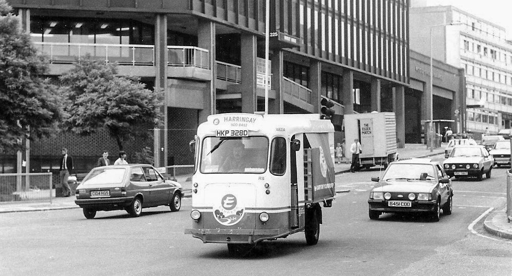 1980's? Harringay. Allen Cullen comments "Here’s an old milkman heading south down Jolly Butchers Hill in the 80s or 90s, probably on his way back to base. You can see Wood Green bus garage up the hill a bit, and the tube station is off-pic to the right. The big Express Dairy depot was opened next to Harringay Stadium in 1985 after the smaller branches at Tottenham, Muswell Hill & Winchmore Hill were closed down." (Courtesy Paul Luke)