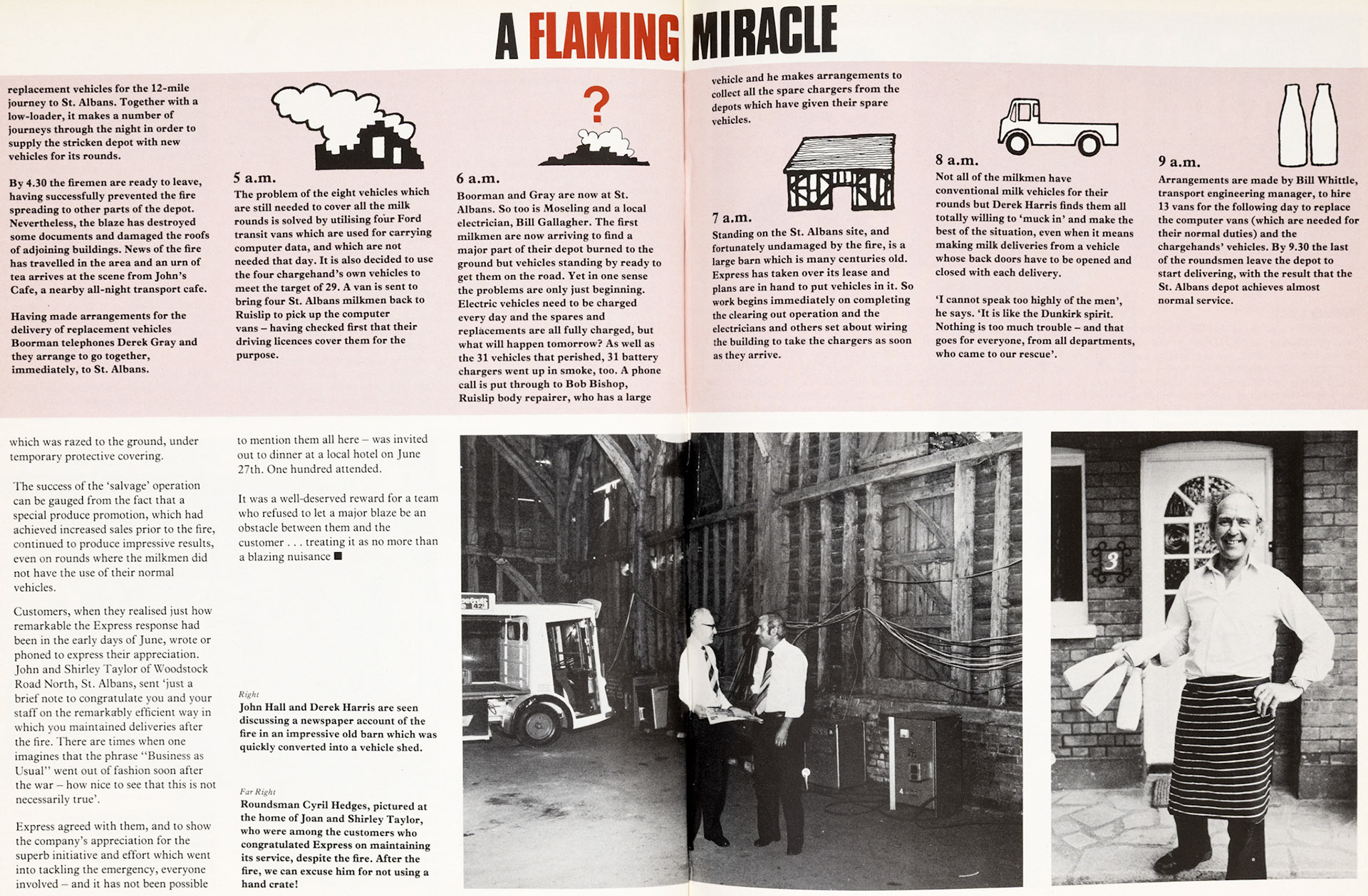 1979 Feature article on St. Albans Retail fire, with the loss of 31 milk floats, buildings and stock-and how Express people recovered the situation and maintained customer service. (Express News Autumn)