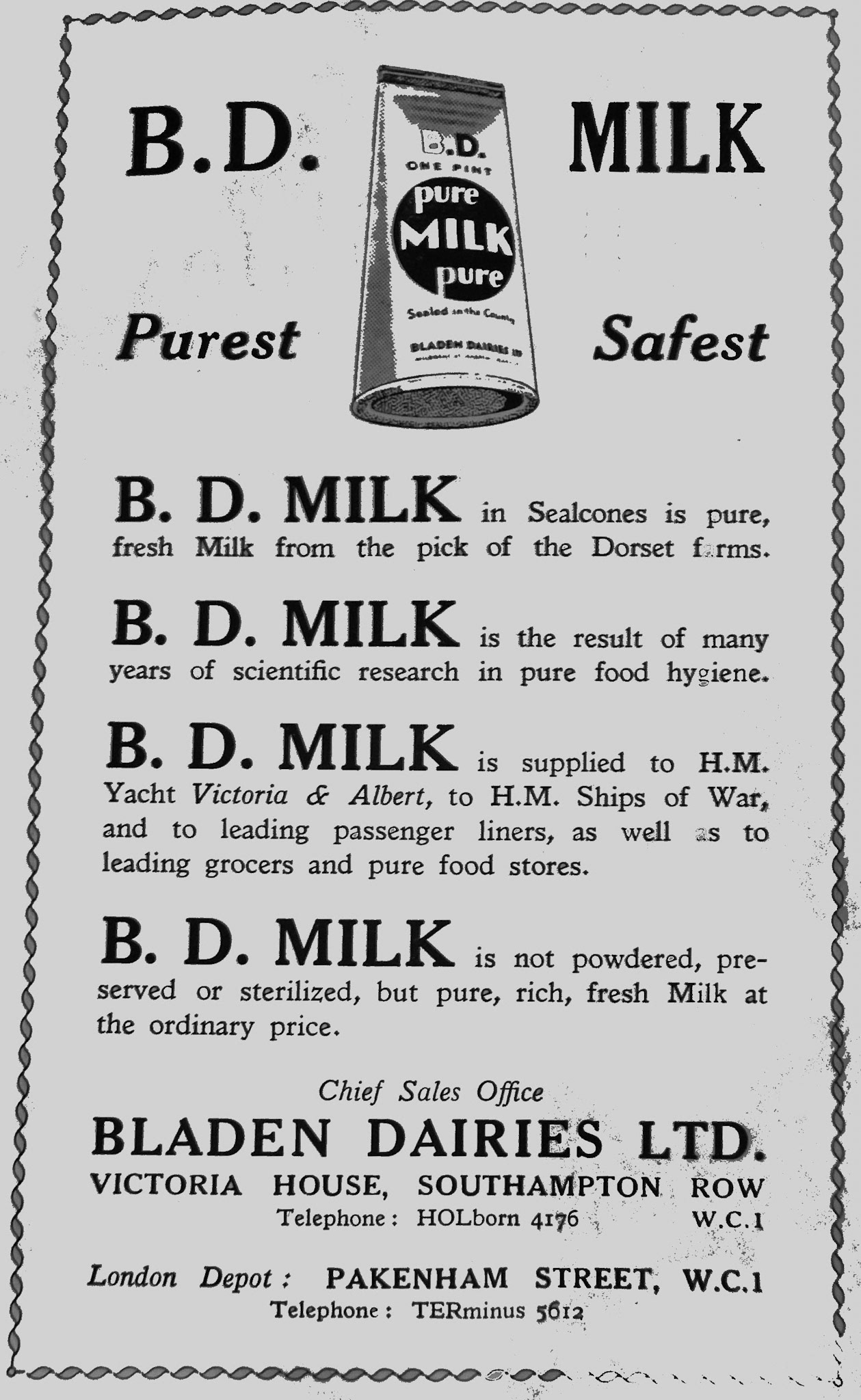 1934 Advertisement, Bladen Dairies, Milborne St Andrew's London Offices.  IMS bought Bladen Dairies in 1941, and then sold to Express Dairy in 1952. (Courtesy Carol, Flickr, from St Pancras Past and Present, Seventh Edition)
