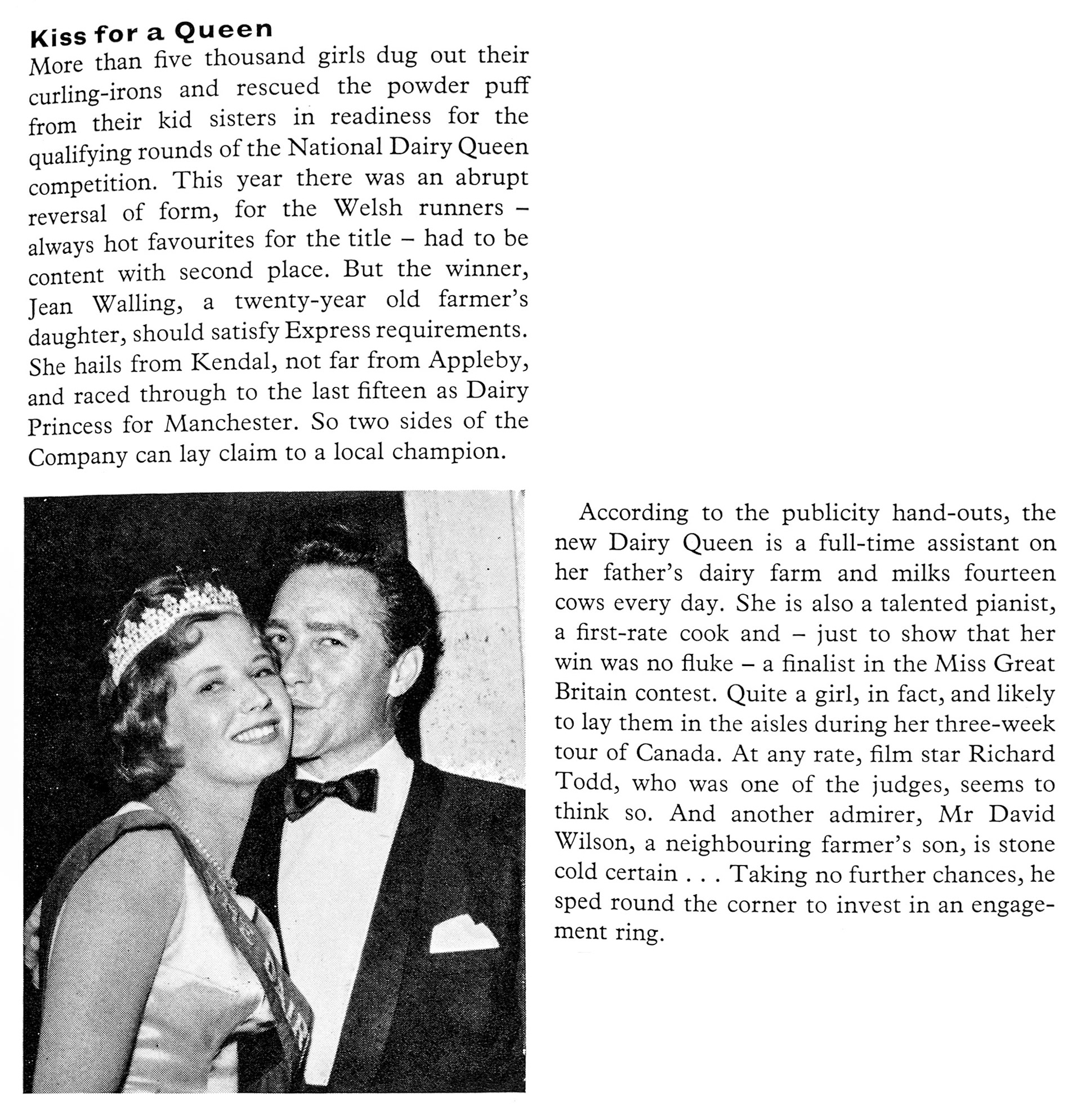 1961 National Dairy Queen winner Jean Walling, a farmer's daughter from Kendal, with film star Richard Todd. David Wilson, a neighbouring farmer's son, proposed to her soon afterwards. (Express News Autumn)