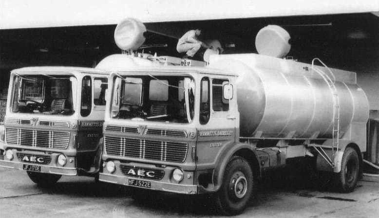 1967 Reg. Hammetts AEC Tankers. "MMB Crediton collected Hammett's Dairy milk in the 1970's. Brian May added "Hammetts Dairy was in Pinhoe, where Lidl are now." Philip Broom adds "John Hodgers was the first bulk driver for Hammett's-I think it was 1967." (Courtesy Brian May, Devon Hauliers FB Group)