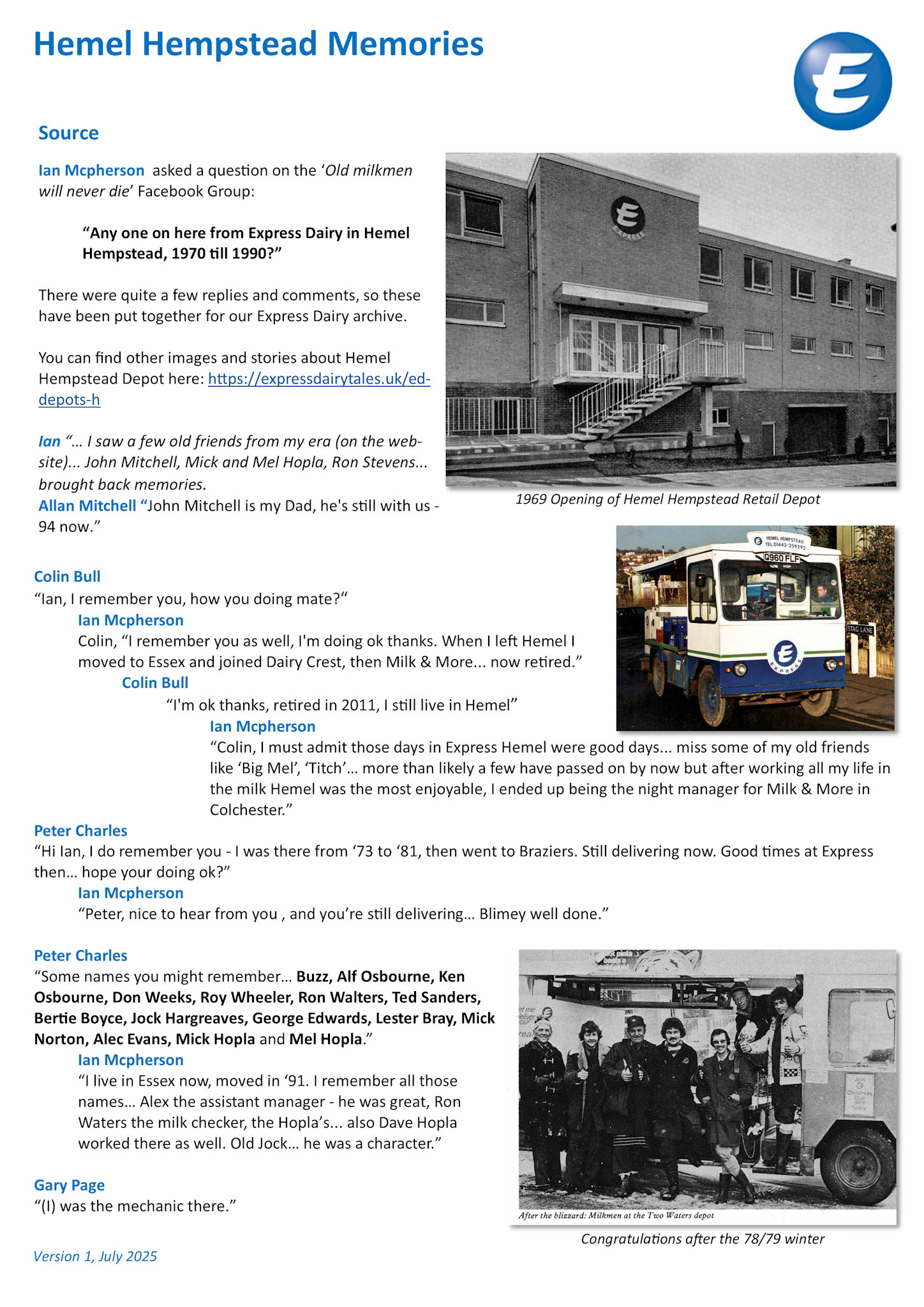 2025 Some Hemel memories triggered by Ian Mcpherson (Express Dairy Tales publication)