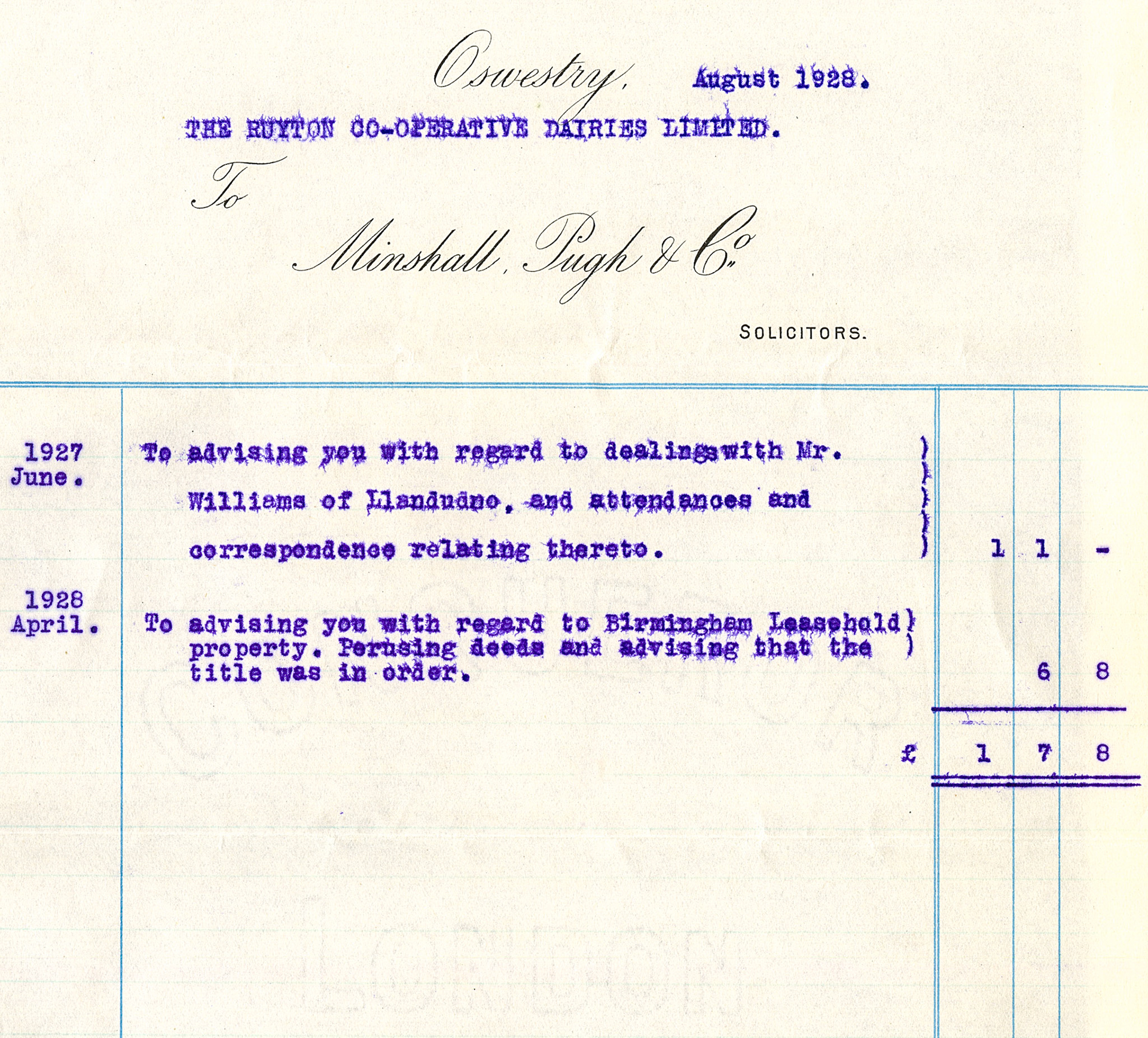1928 Ruyton Co-operative Dairies-solicitor's account for dealings with Mr Williams of Llandudno in June 1927 and a Birmingham leasehold property in April 1928.