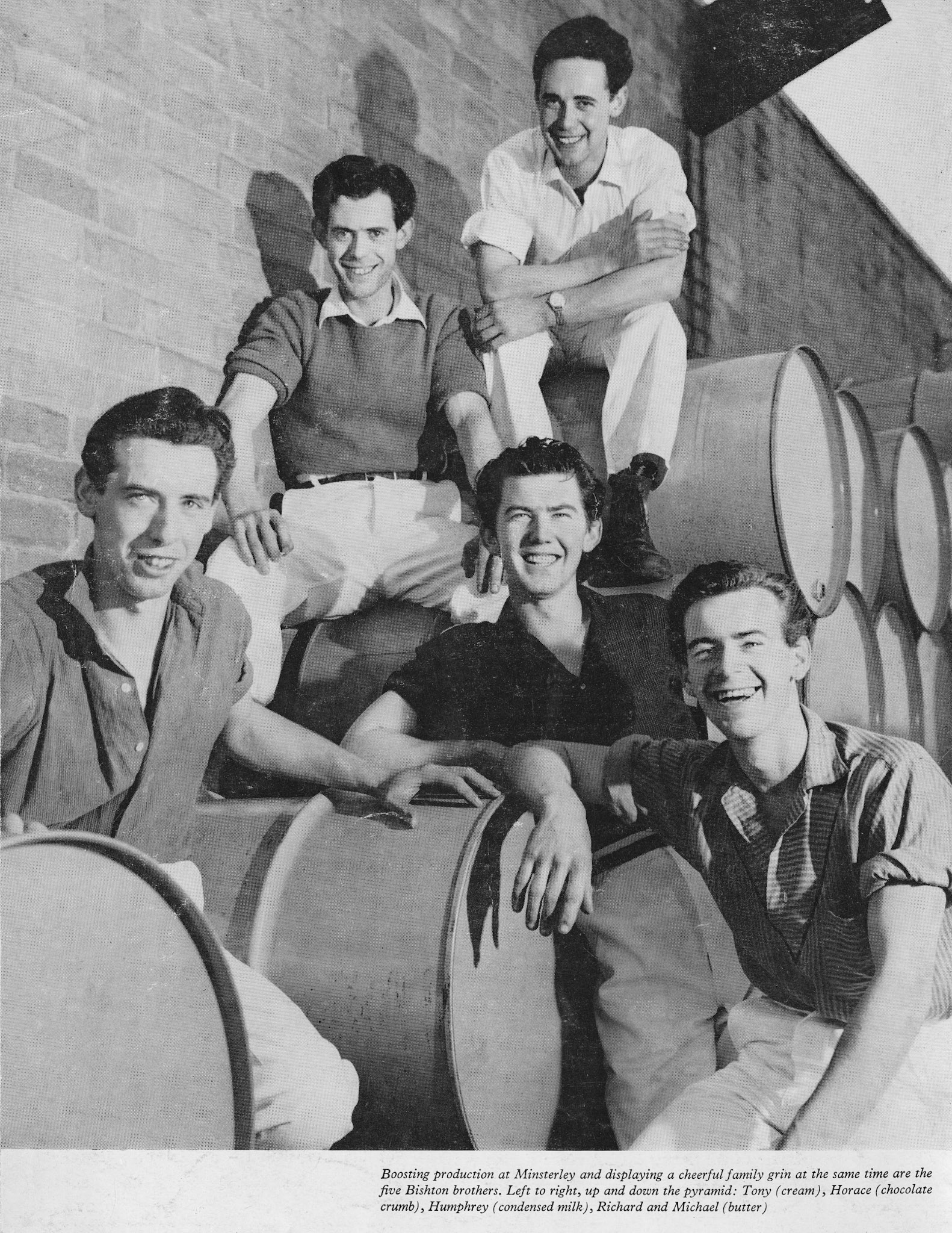 1961 Minsterley-five Bishton brothers, L-R Tony (cream), Horance (chocolate crumb), Humphrey (condensed milk), Richard and Michael (butter).  (Express News Back Cover, Summer)