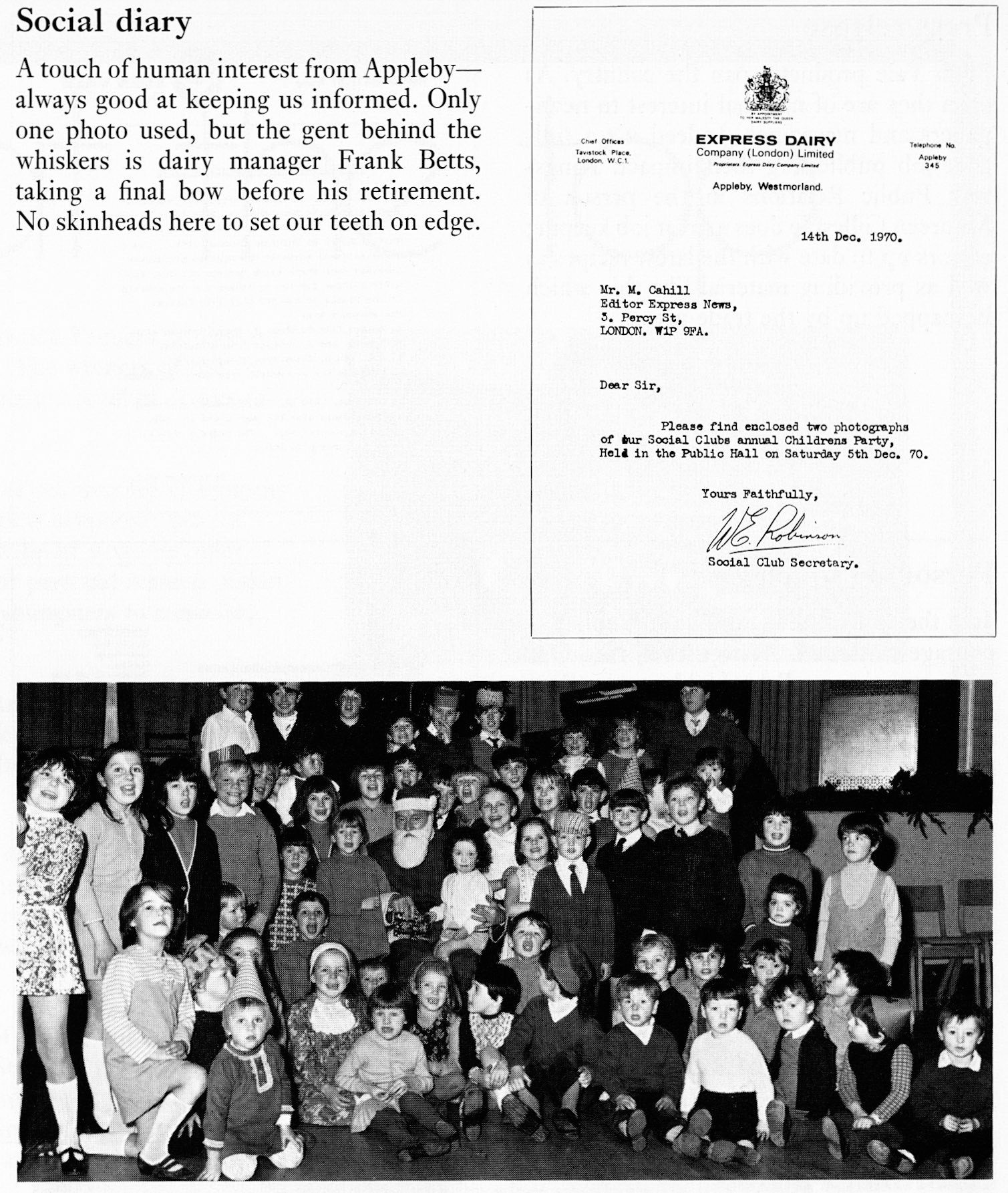 1971 Appleby Christmas children's party with dairy manager Frank Betts as Santa