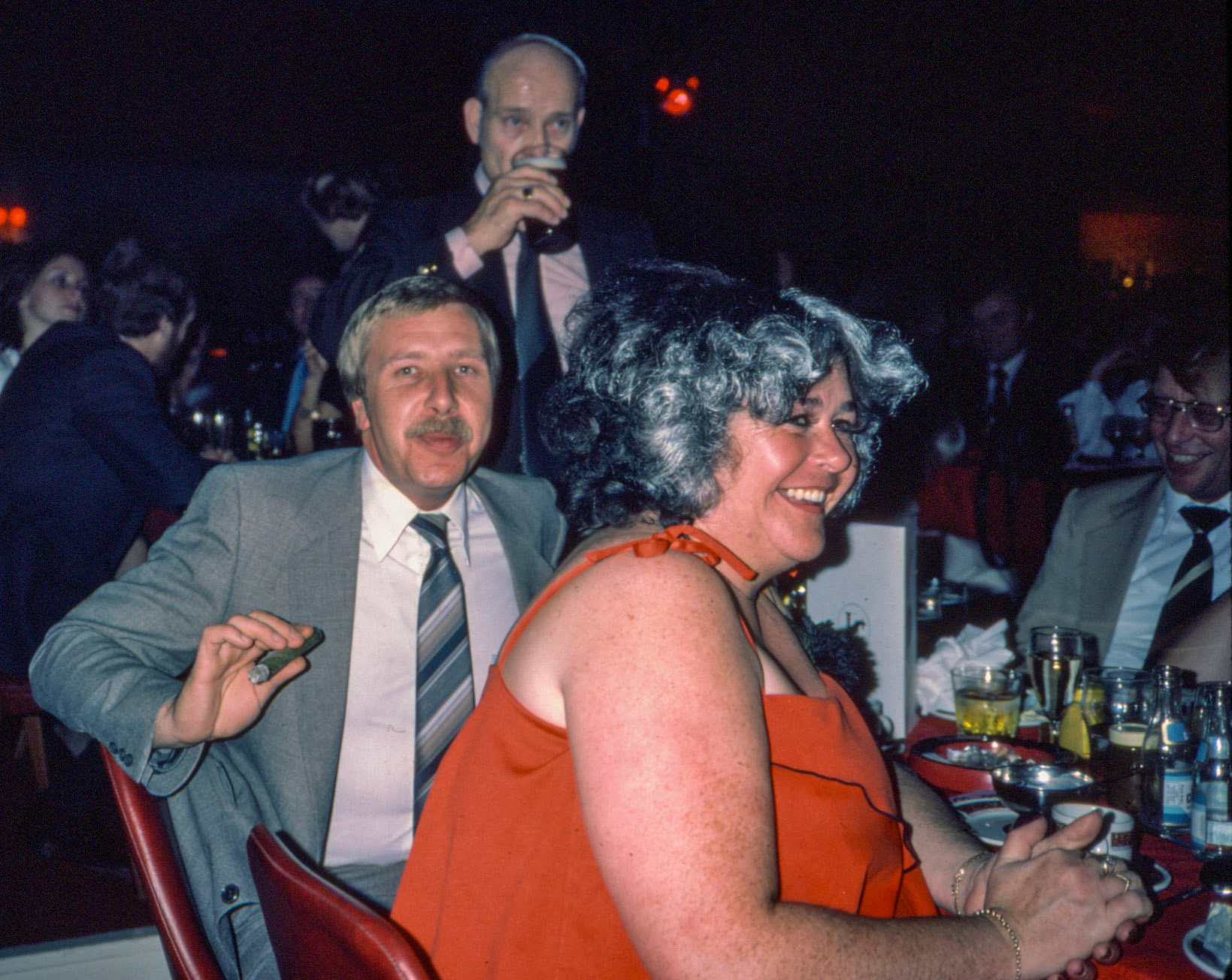 1980 South Morden-Dairy Re-equip staff celebration at Lakeside, Camberley-'Chalky' White, Ron Turner, ?, ? (Express Dairy Tales collection)