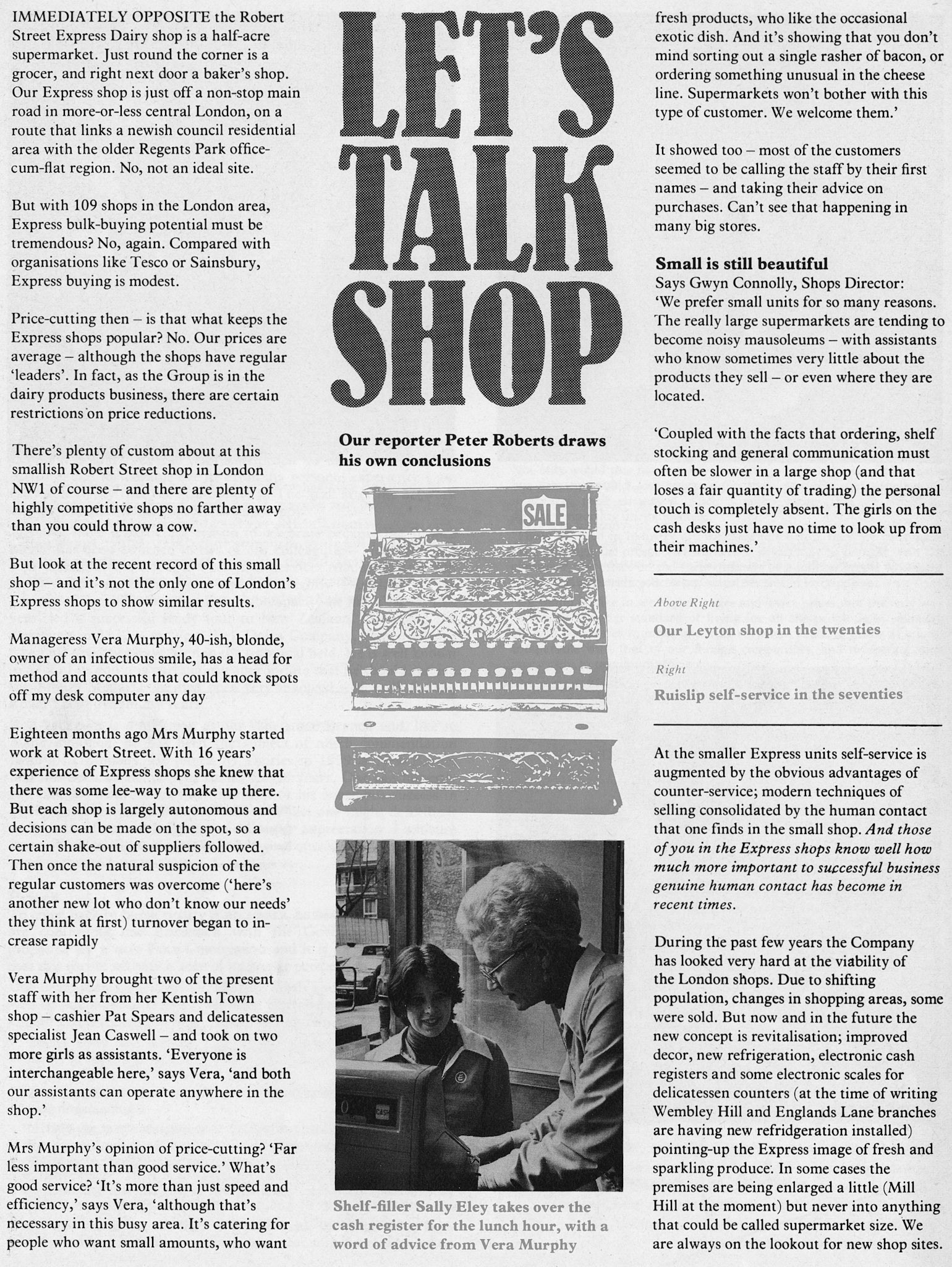 1977 Shops feature about Robert Street shop with manageress Vera Murphy and Shops Director Gwyn Connelly