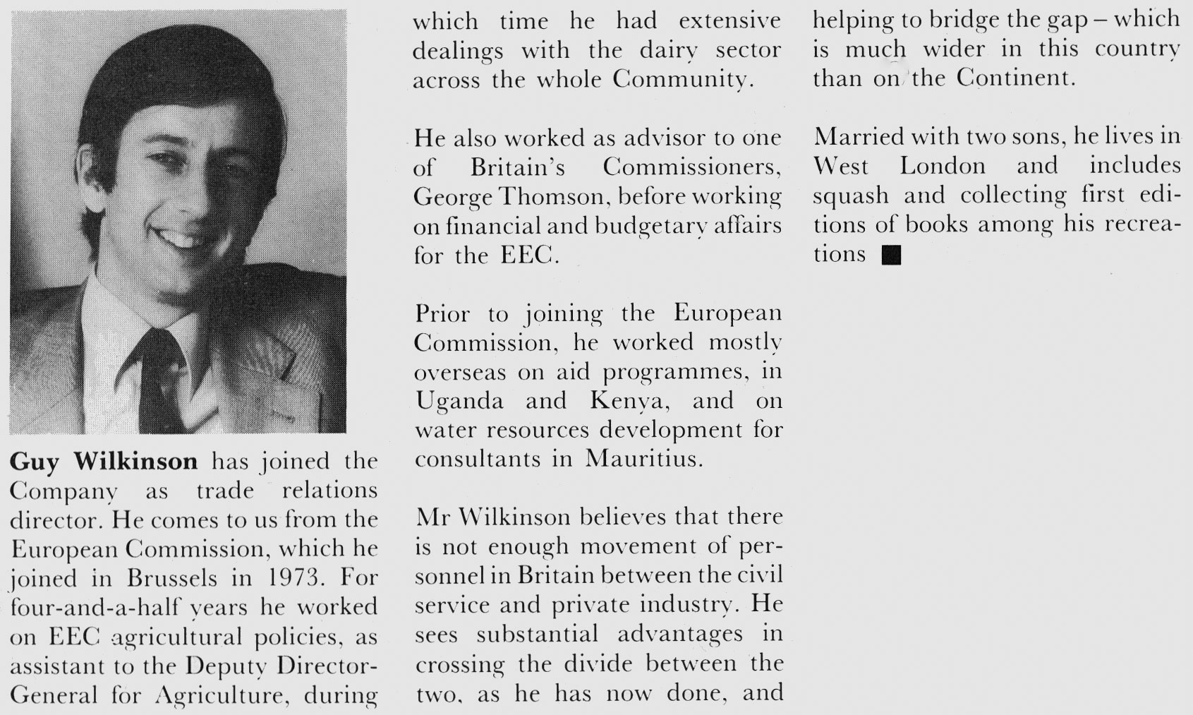 1981 Guy Wilkinson profile on appointment as Trade Relations Director. Chris Austen remembers "He retired, and took holy orders to become a priest".  (January Express News)