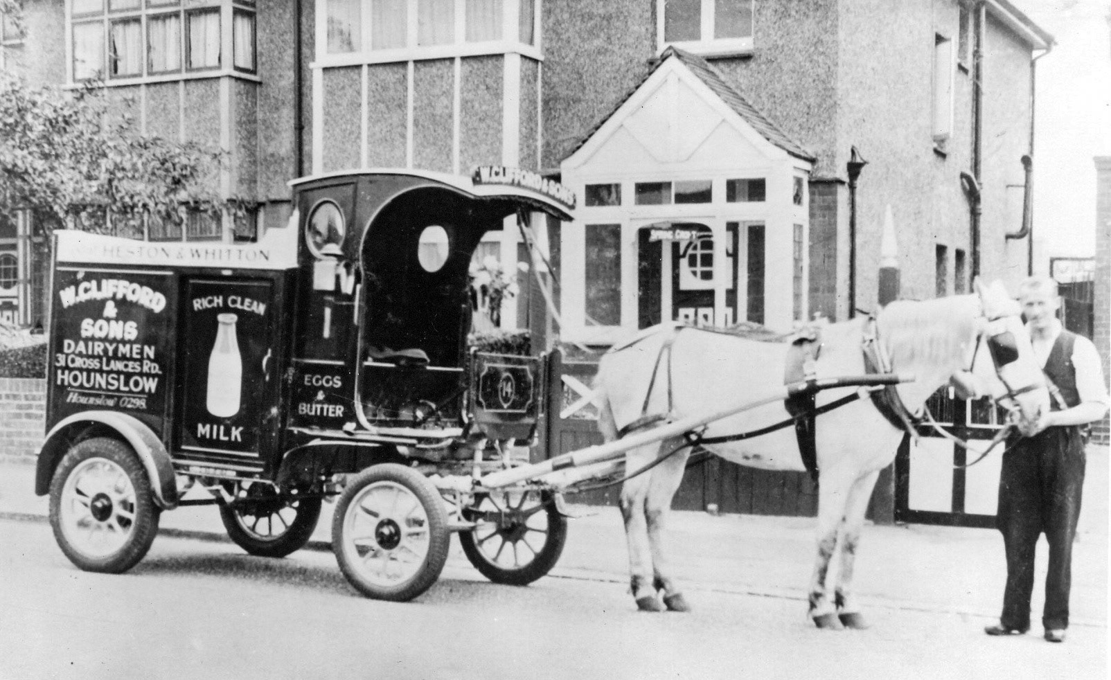 1940s? Clifford's Dairies horse-drawn float, depot at 31 Cross Lances Road, Hounslow.(Courtesy Dave Fane)