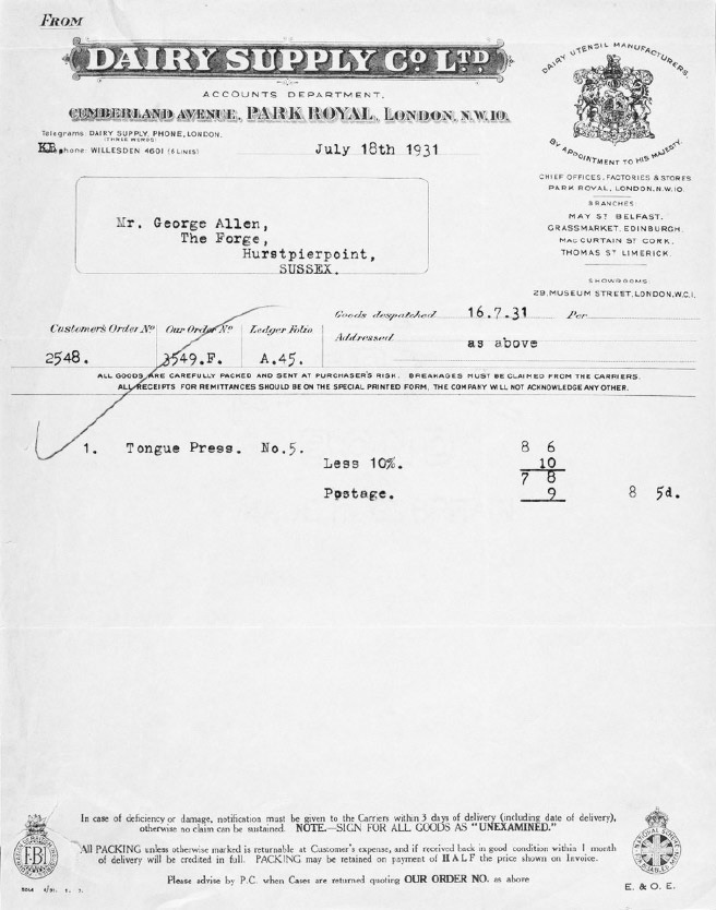 1931, from Dairy Supply Co. Ltd accounts department : Cumberland Avenue, Park Royal, London, N.W.10. (Courtesy Wellcome Collection)