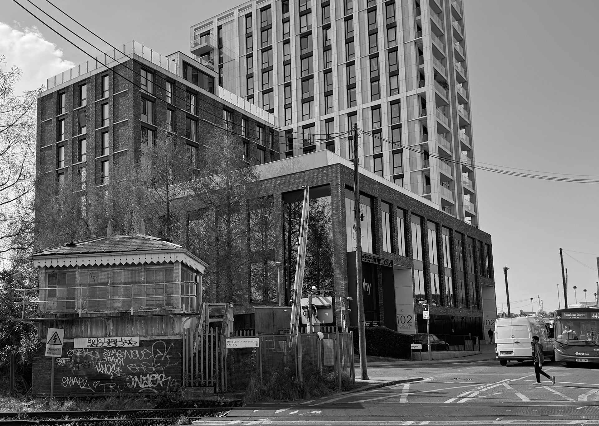 2025 View of crossing, signal box and new office building at 102 Bollo Lane (Express was numbered 100 Bollo Lane). Express Dairy Tales photo
