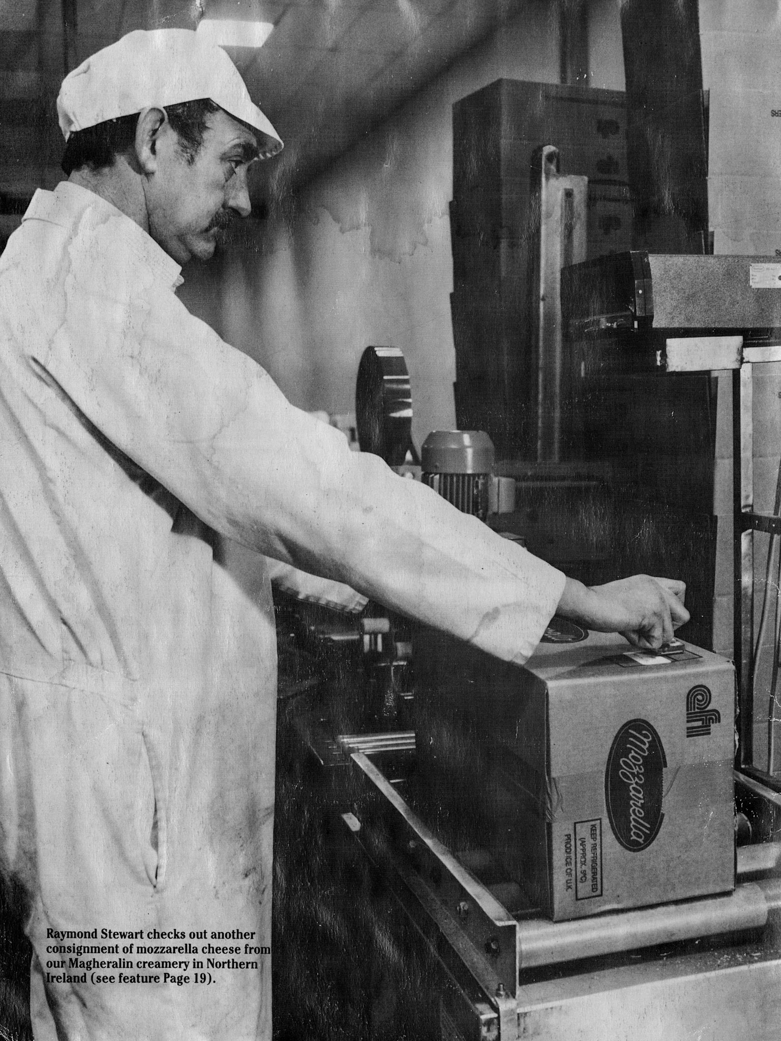 1986 Raymond Stewart checks Mozzarella Cheese consignment at Magheralin Creamery in Northern Ireland