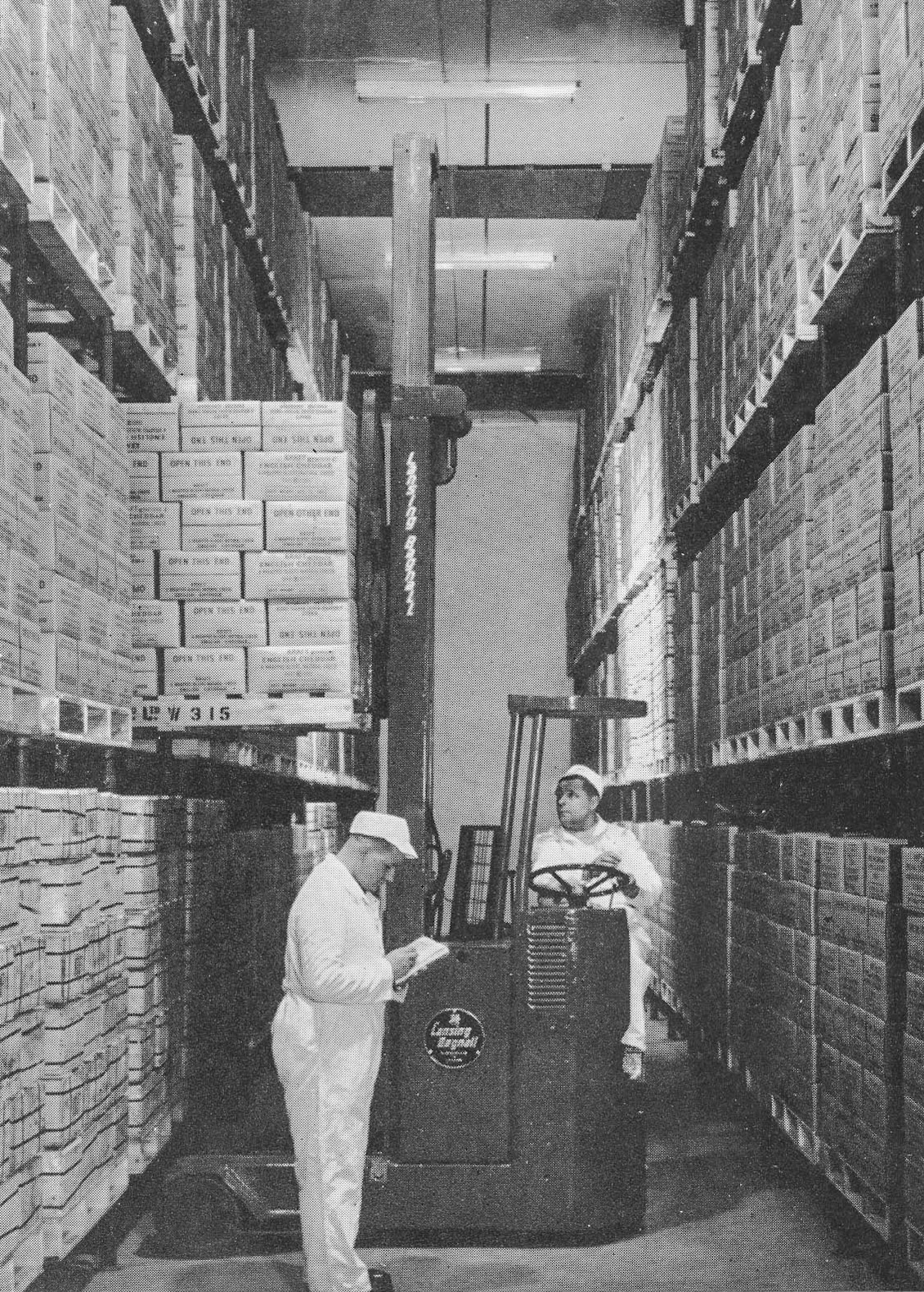 1964 Air conditioned cheese store at Whittington Creamery holds 60,000 blocks of maturing Cheddar cheese.