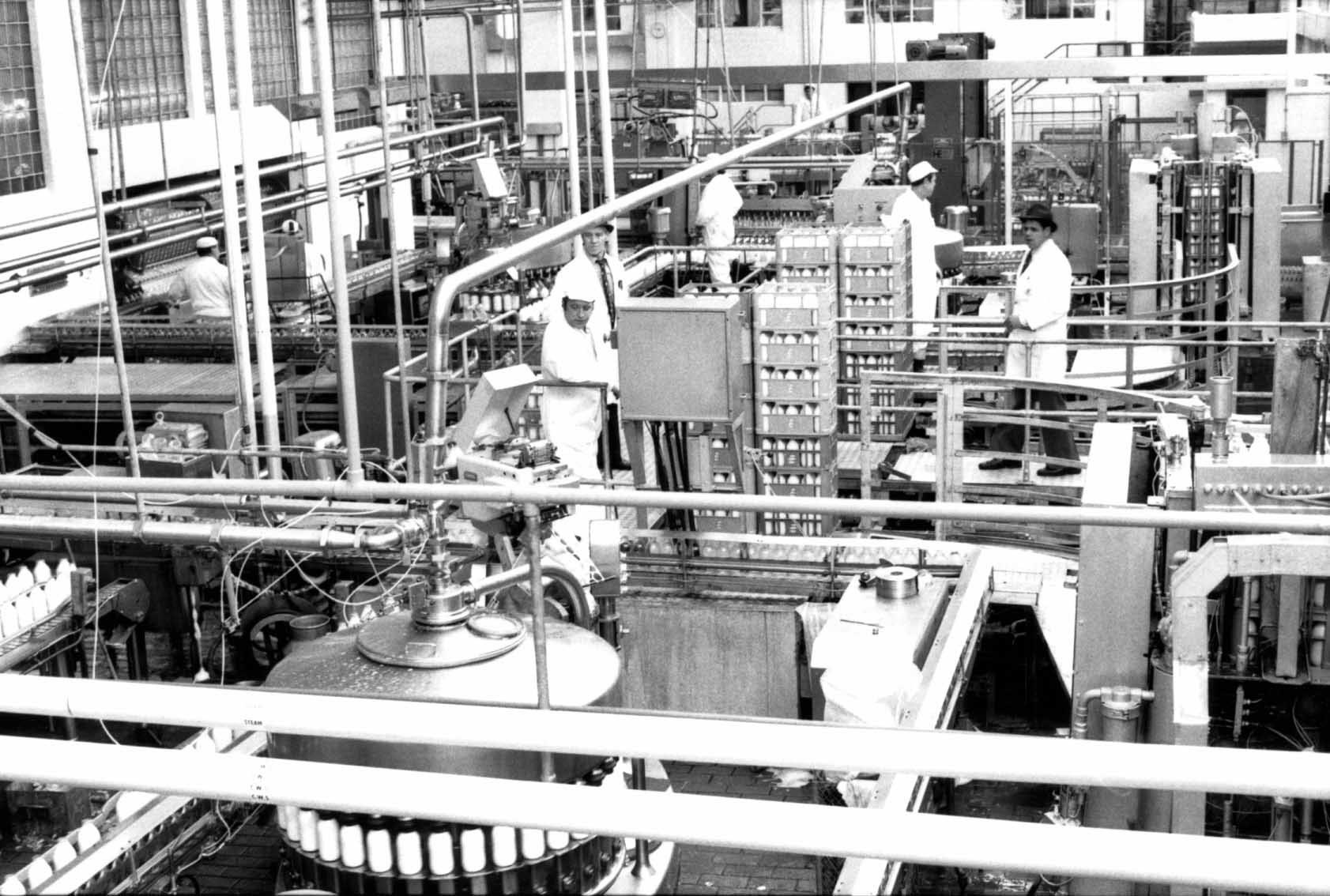 1980 Bottle filling area with Production Managers Derek McGavin in charge in the dark blue hat, and Ron Turner in the centre