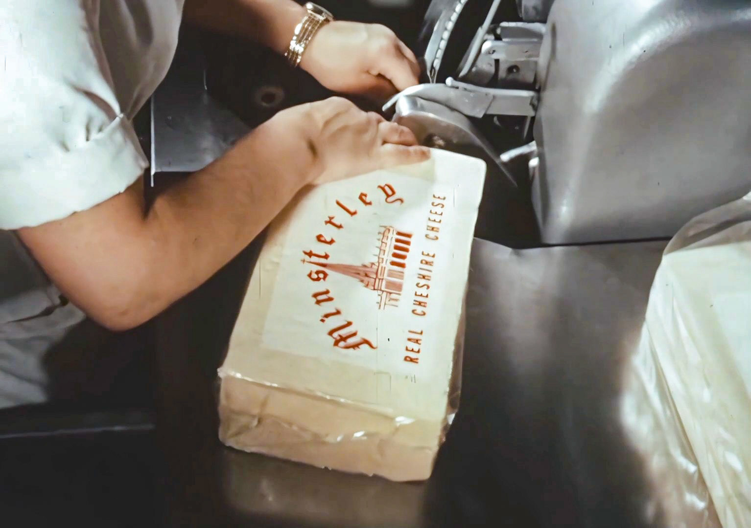 1960s Minsterley Cheese Packing. (Still from 'The Art of English Cheesemaking' video)