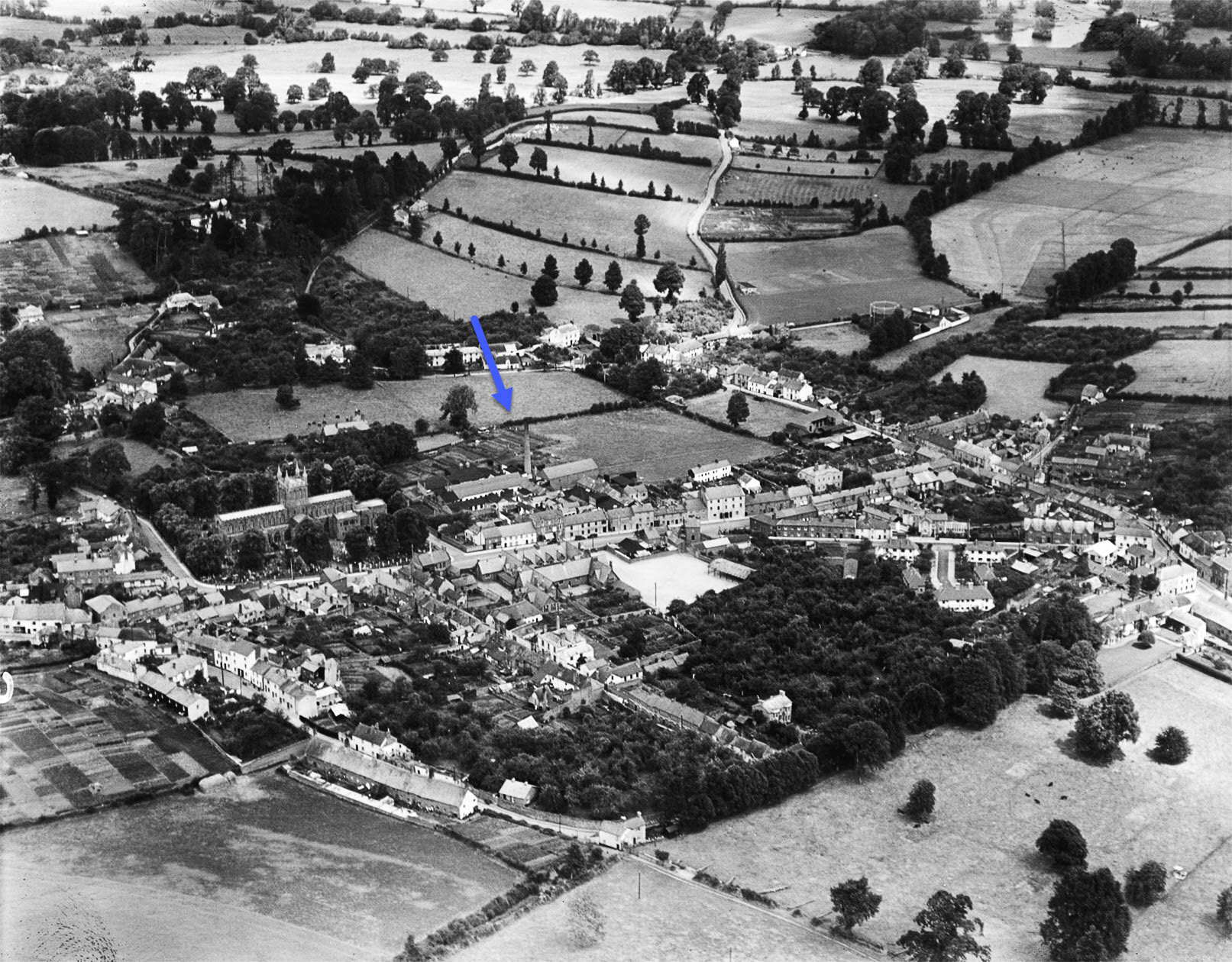 1930, July Aerial view of Crediton showing creamery by church (Courtesy Gary Stanley)