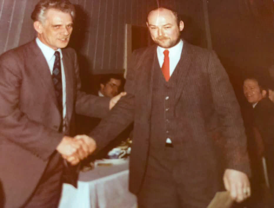 1980's Minsterley. John Potter comments "Mr Van Hoof and myself, from mid 1980's. We had darts and dominoes Xmas knockouts at our social club, and winners presentations and dinner and dance night. Always well attended and great evenings,"(Courtesy John Potter)