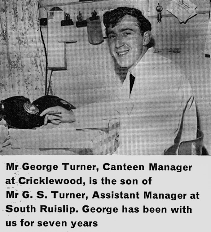 1963 Cricklewood Canteen Manager Mr George Turner, from Staff Canteen Feature. Gina Jackson comments "My dad George Turner from Archway was the canteen manager there in the late 50s. My Irish mum Eda Barnes met my dad there when she was working there for a short while in 1959. She had come over from Dublin to see her sister Kathleen who was also working at Cricklewood, and she got my mum a job there. I think my dad also worked there with a man called Peter Trigwell who later moved to New Zealand. My dad's dad, also called George Turner worked for Express Dairies for many years and I think I have a photo of him being presented with an award from Walter Nell for 30 years service". (Express News Autumn)