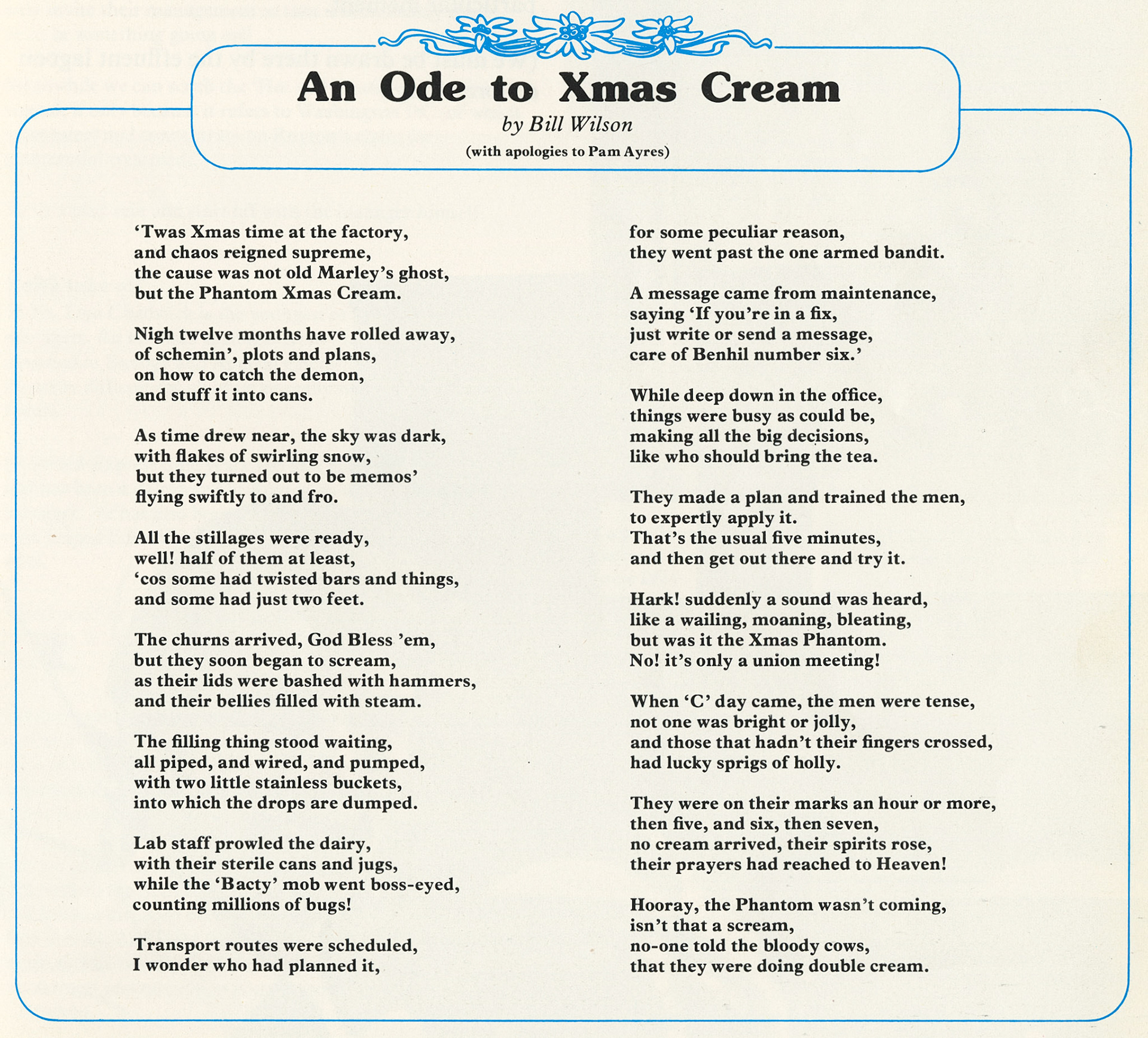 1977 'Ode to Christmas Cream' written by Bill Wilson, Factory Engineer at Honiton (In the style of Pam Ayres).