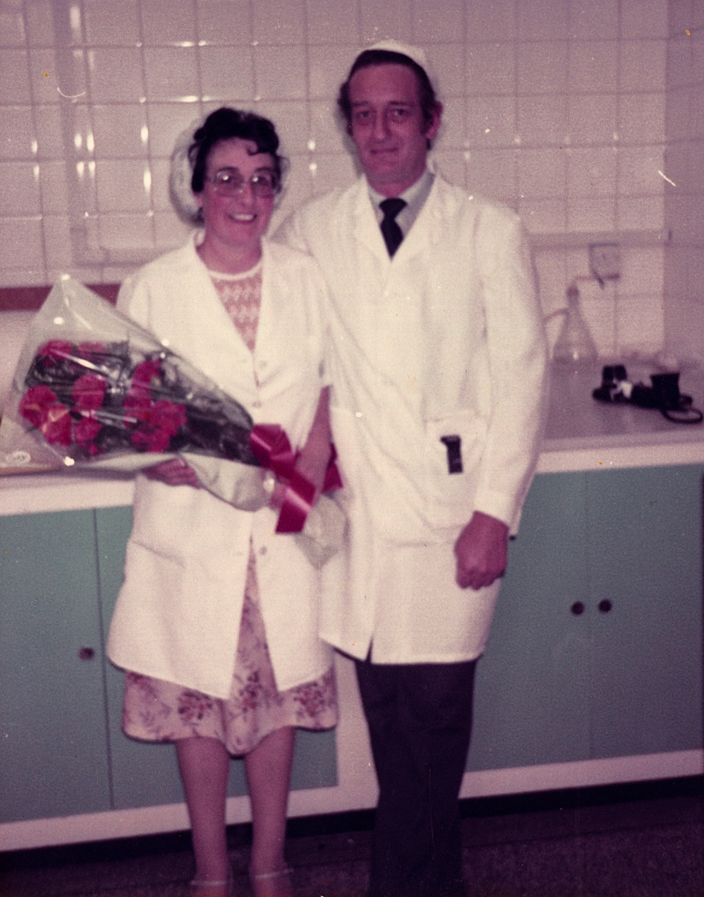 1980's? Minsterley Laboratory. Kenneth Carswell identifies this pair as June Lloyd and Jonny Johnson (Lab Manager).  John Potter adds "My late auntie June Whittall"  Olive Booth adds "Great picture 💕of my late sister in law June, lovely lady." (Joe Lyons Collection)