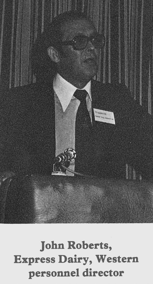1980 Joint dairy industry management/ union conference. John Roberts, Express Western Personnel Director speaks. (January Express News)