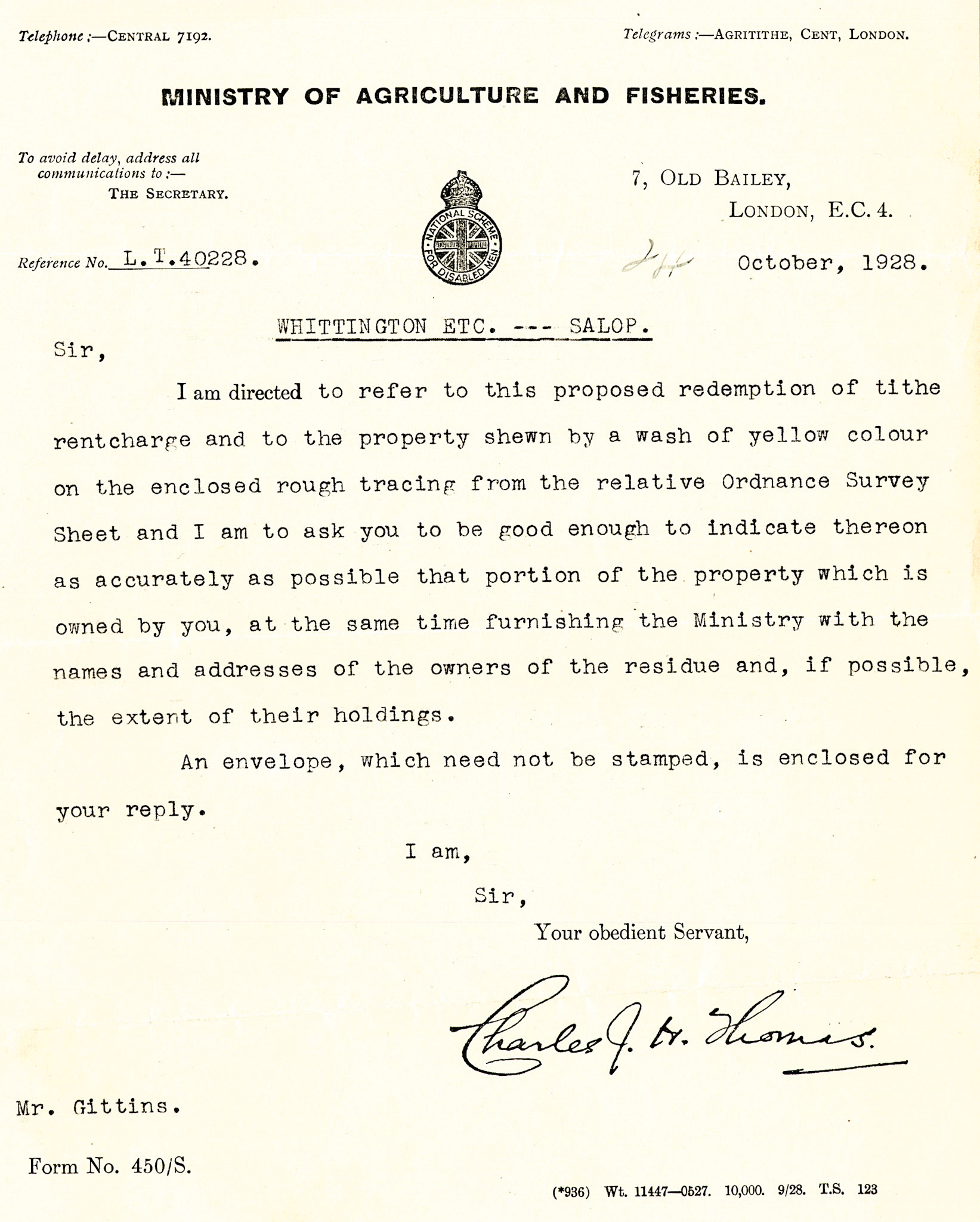 1928 Ruyton Co-operative Dairies-letter from the Ministry of Agriculture and Fisheries relating to the redemption of tithe rent charges at Whittington.