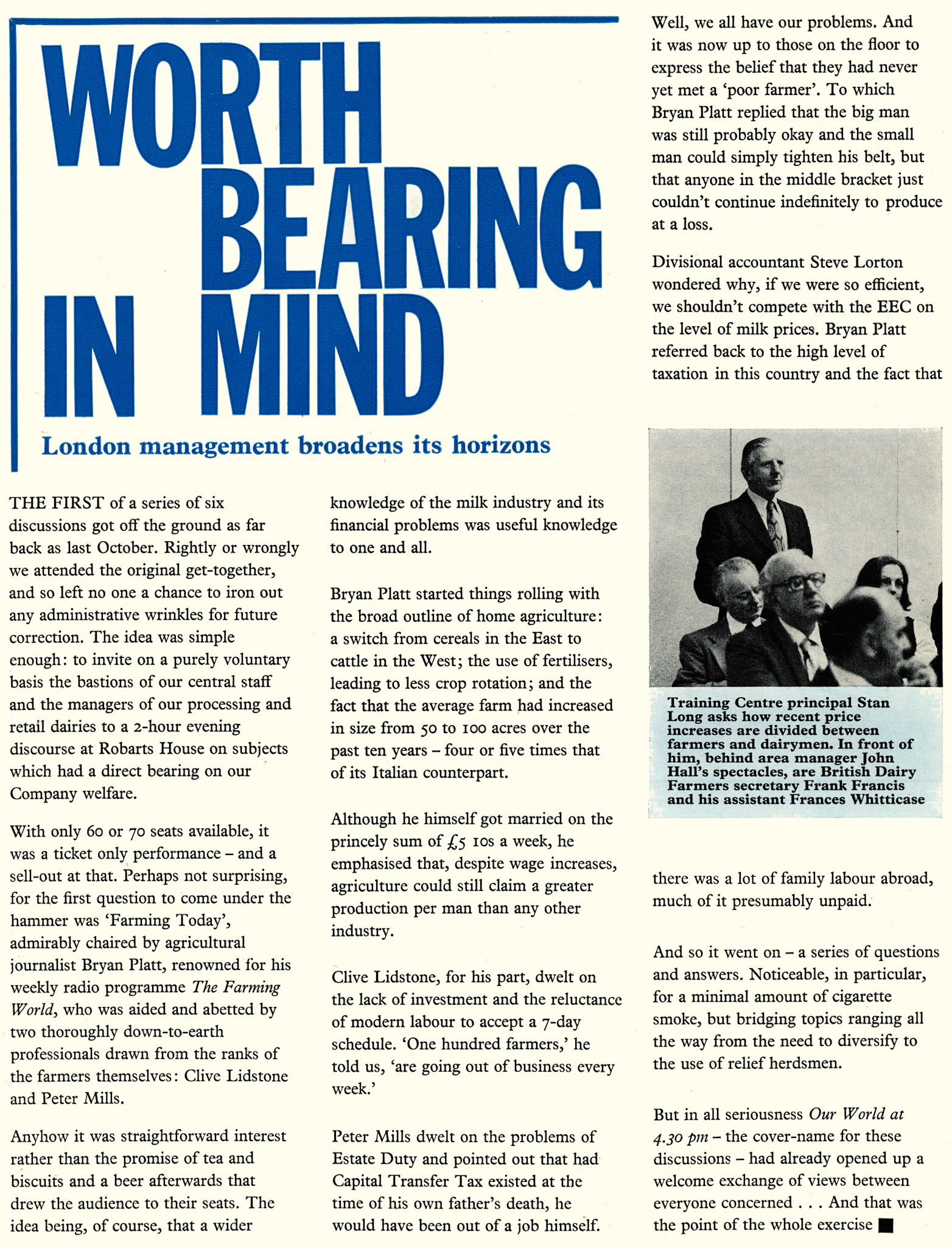 1976 London Region Management session at Robarts House discusses 'Farming Today', to broaden horizons. (Express News Spring)