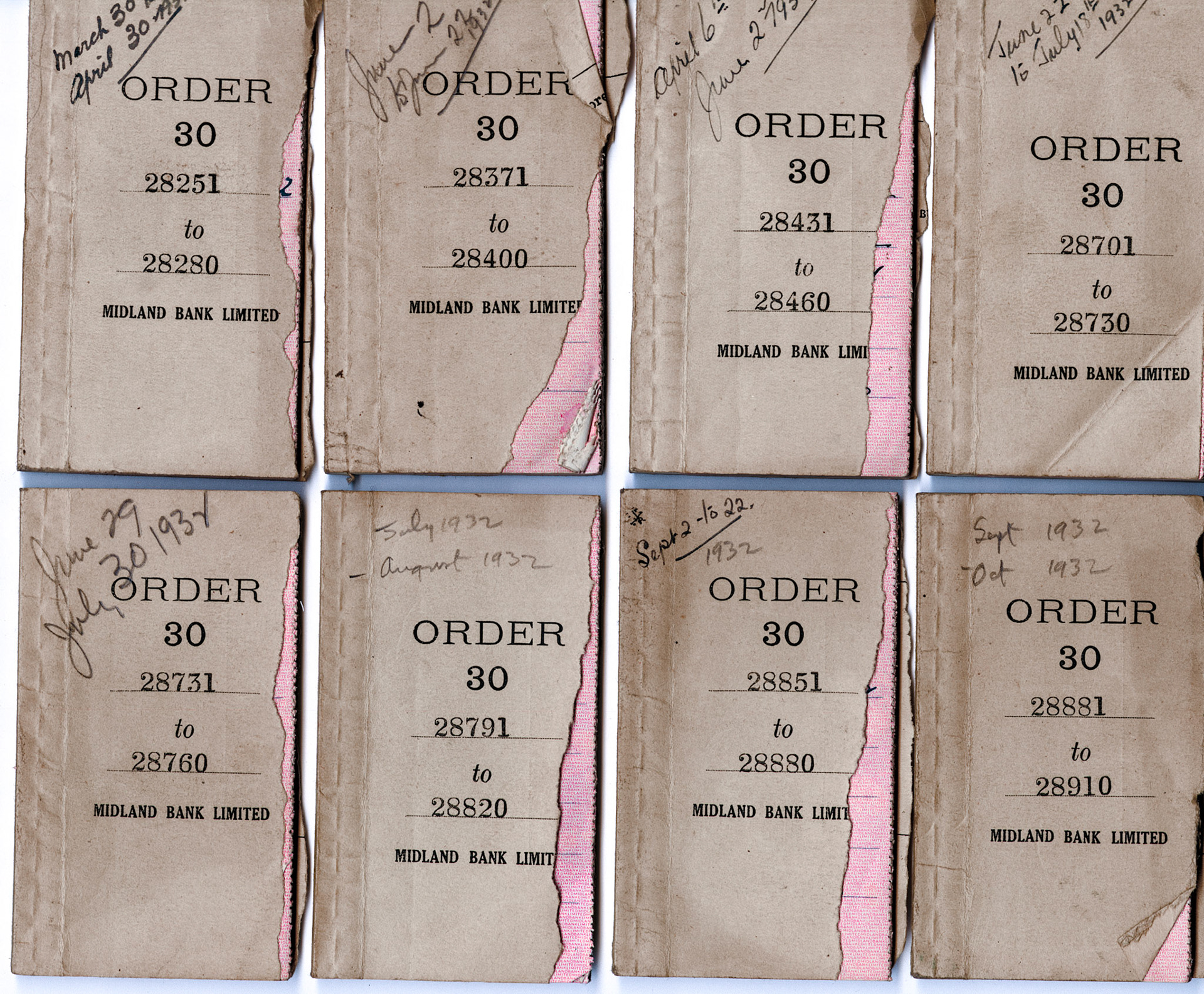 1932 Nine cheque book stubs covering some of the period March to September 1932.