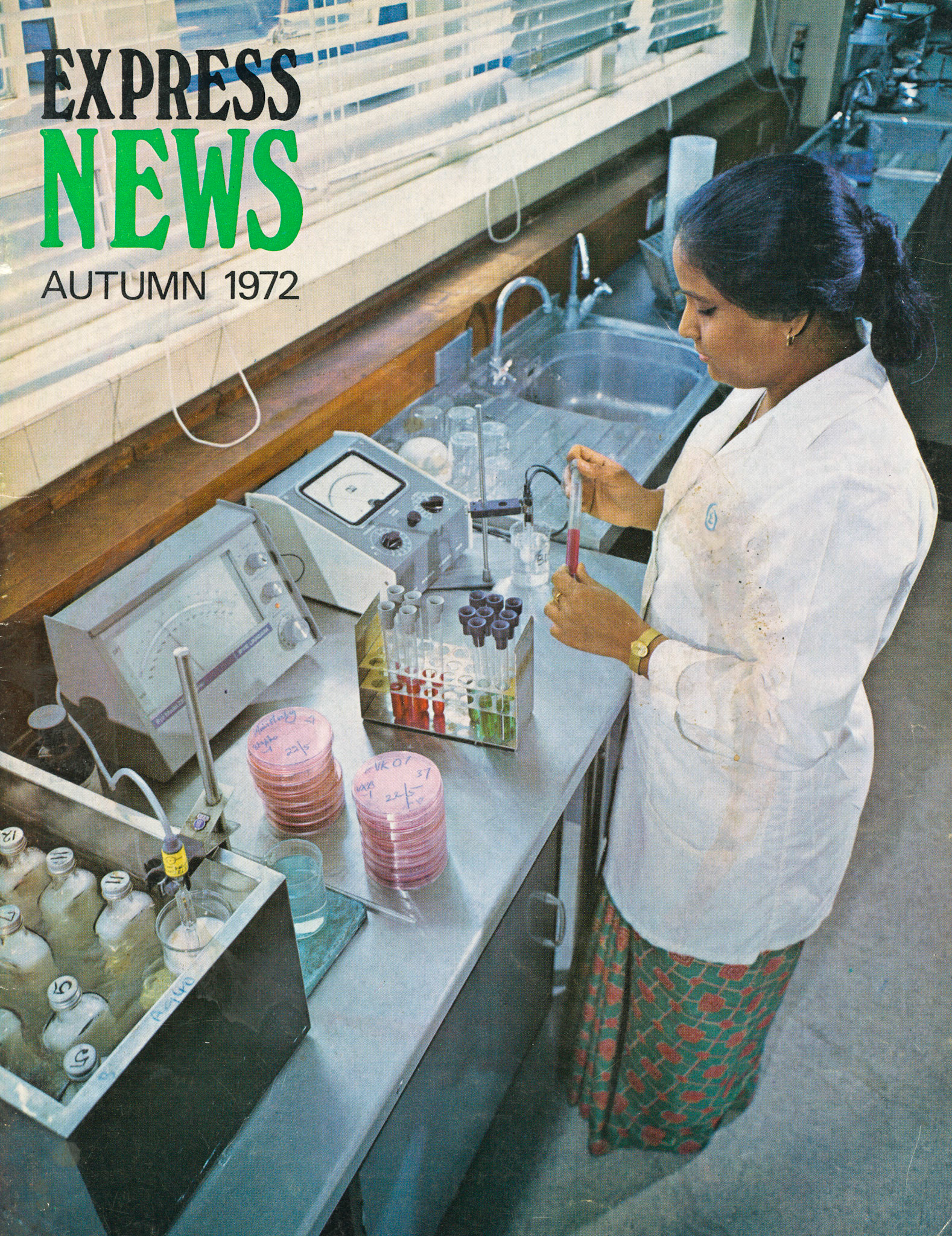 1972 Miss Naushaba Sherif sets up a plate test in the Microbiological Laboratory at South Ruislip