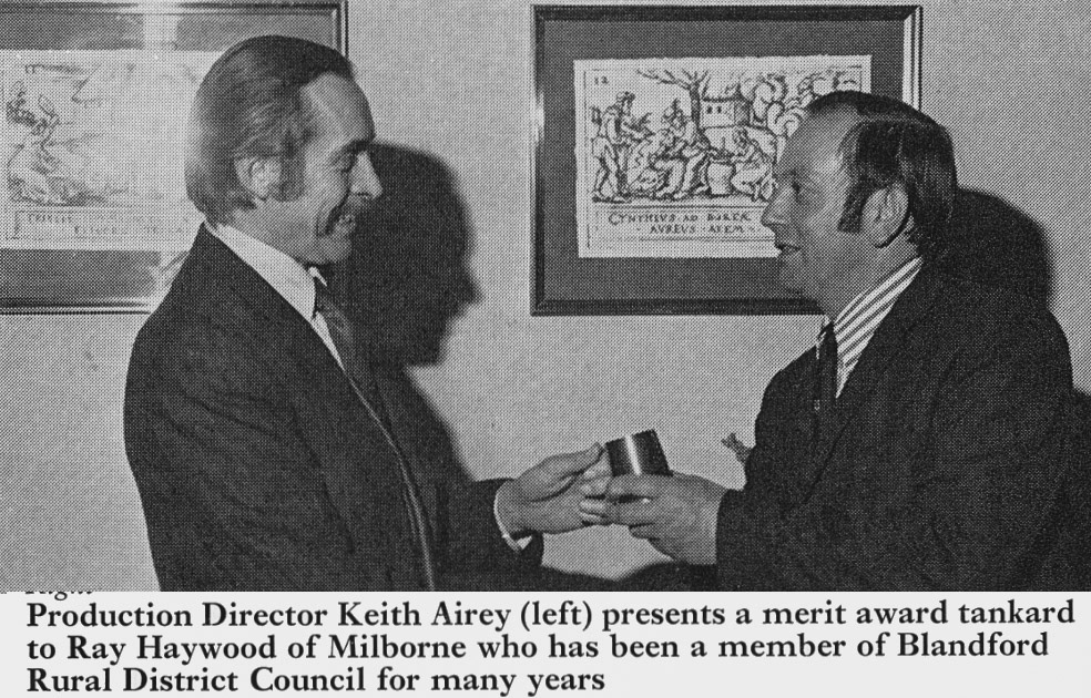 1974 Keith Airey presents a tankard to Ray Haywood of Milborne. (Express News Summer)