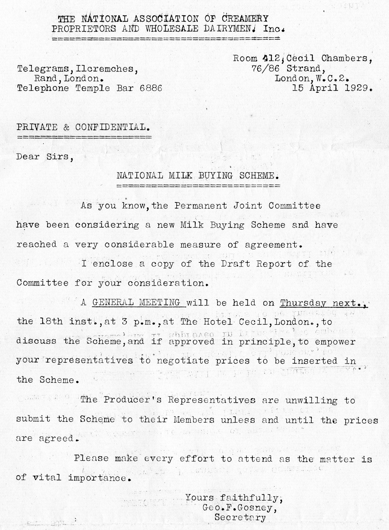 1929 Ruyton Co-operative Dairies-Letter from ‘The National Association of Creamery Proprietors and Wholesale Dairymen’ encouraging members to attend a London meeting
