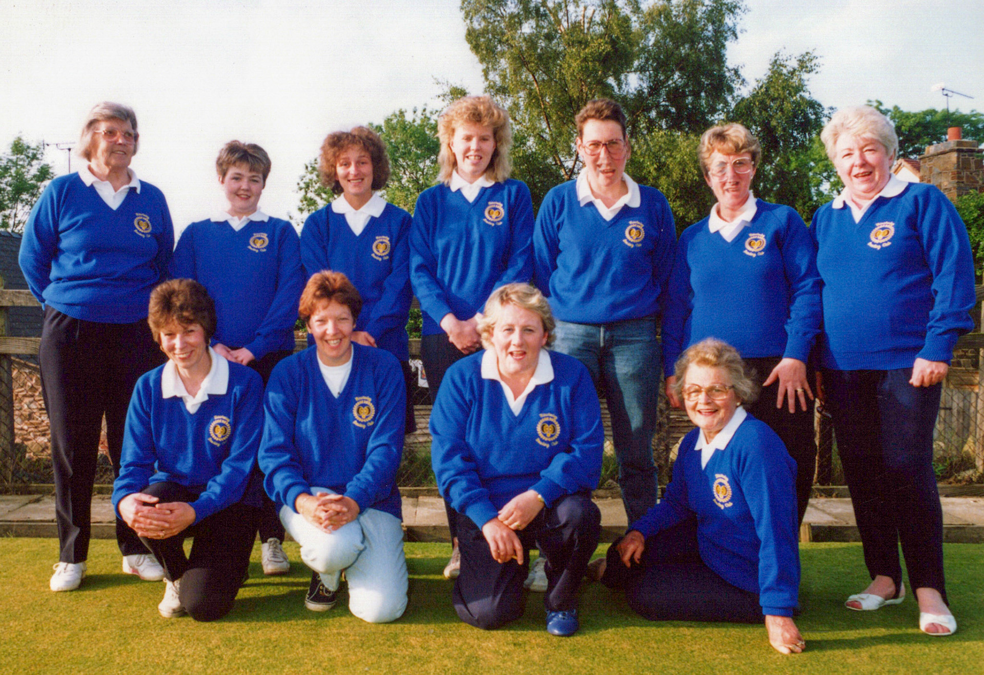 1980 Minsterley Ladies Bowling Club. Tracy Eggby-Jones identifies: Back row - Gerda Lyons, Rachel Downes, Jane Hoofe, Tracy Eggby-Jones, Linda Potter, Marion Davies, Wendy Gray.