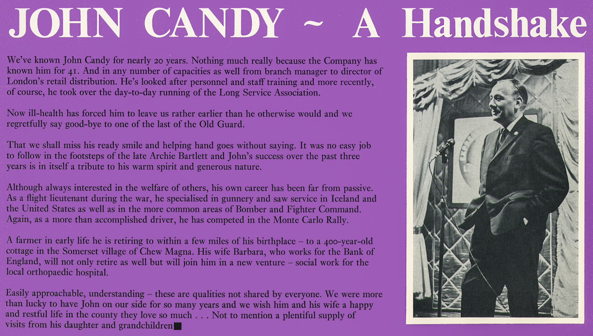 1971 John Candy's retirement from General Secretary of the Long Service Association. (Express News Christmas)