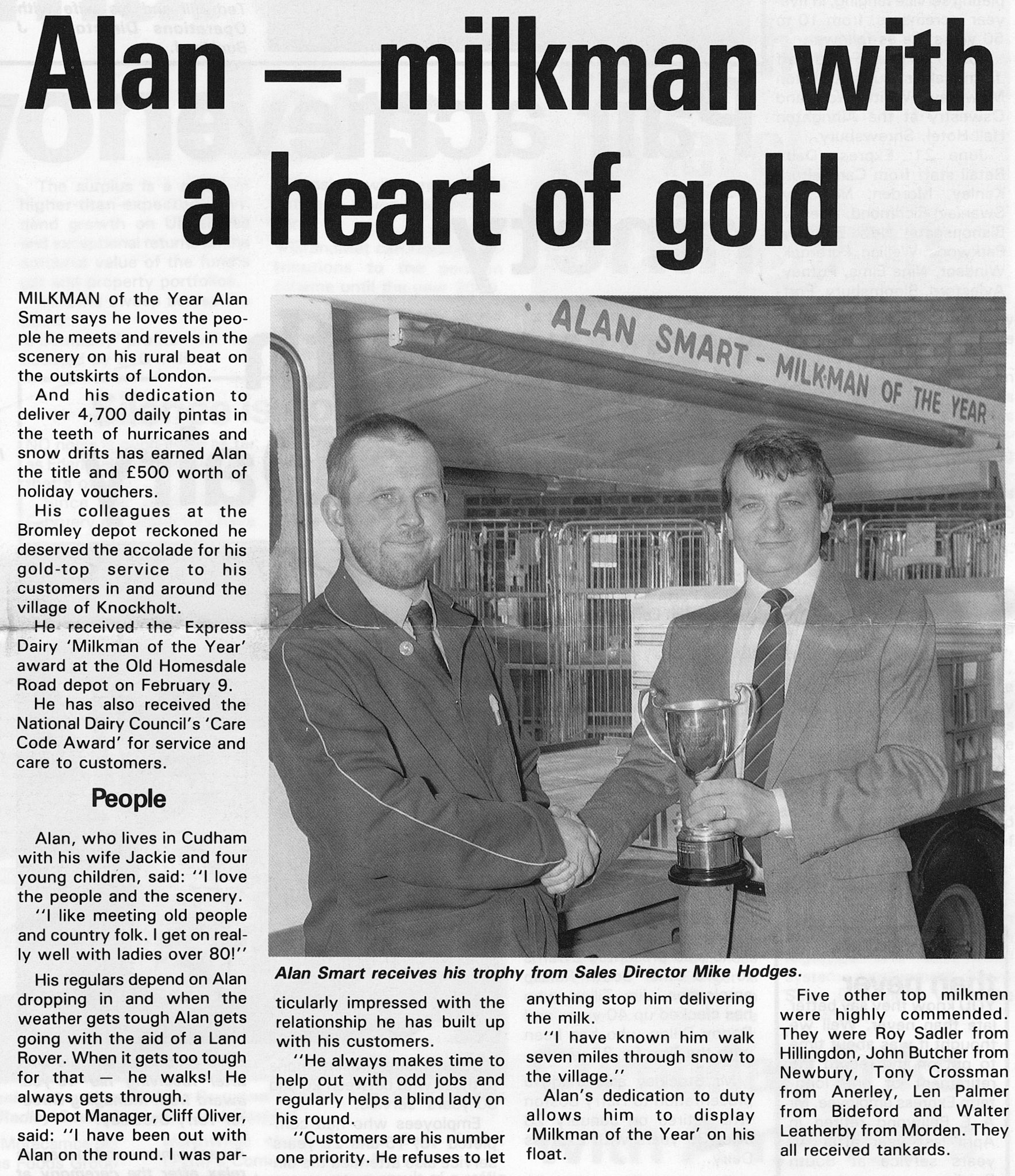 1989 Bromley, Kent Milkman of the Year Alan Smart being presented with trophy by Mike Hodges, Sales Director