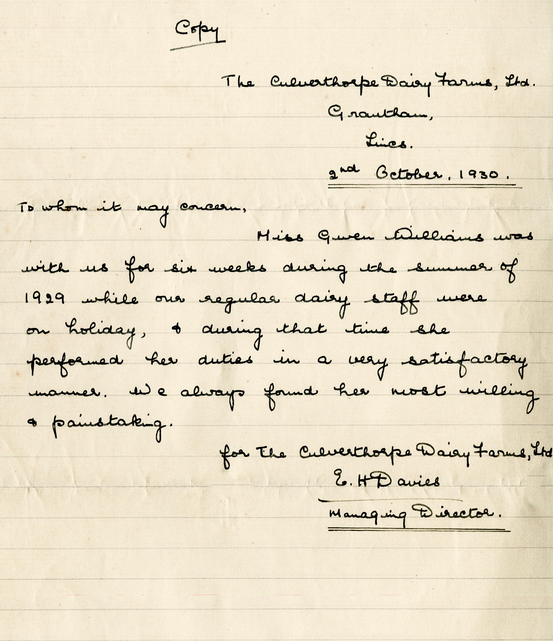 1930 Ruyton Co-operative Dairies-Cheesemaker Job Applications-Miss Gwen Williams.