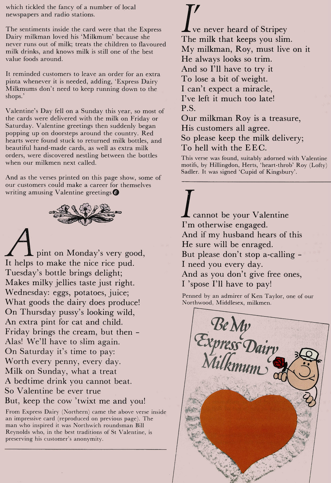 1982 Express milk promotion around Valentine's day. Features Bill Reynolds from Northwich, Roy 'Lofty' Sadler from Hillingdon and Ken Naylor from Northwood. (Express News April)