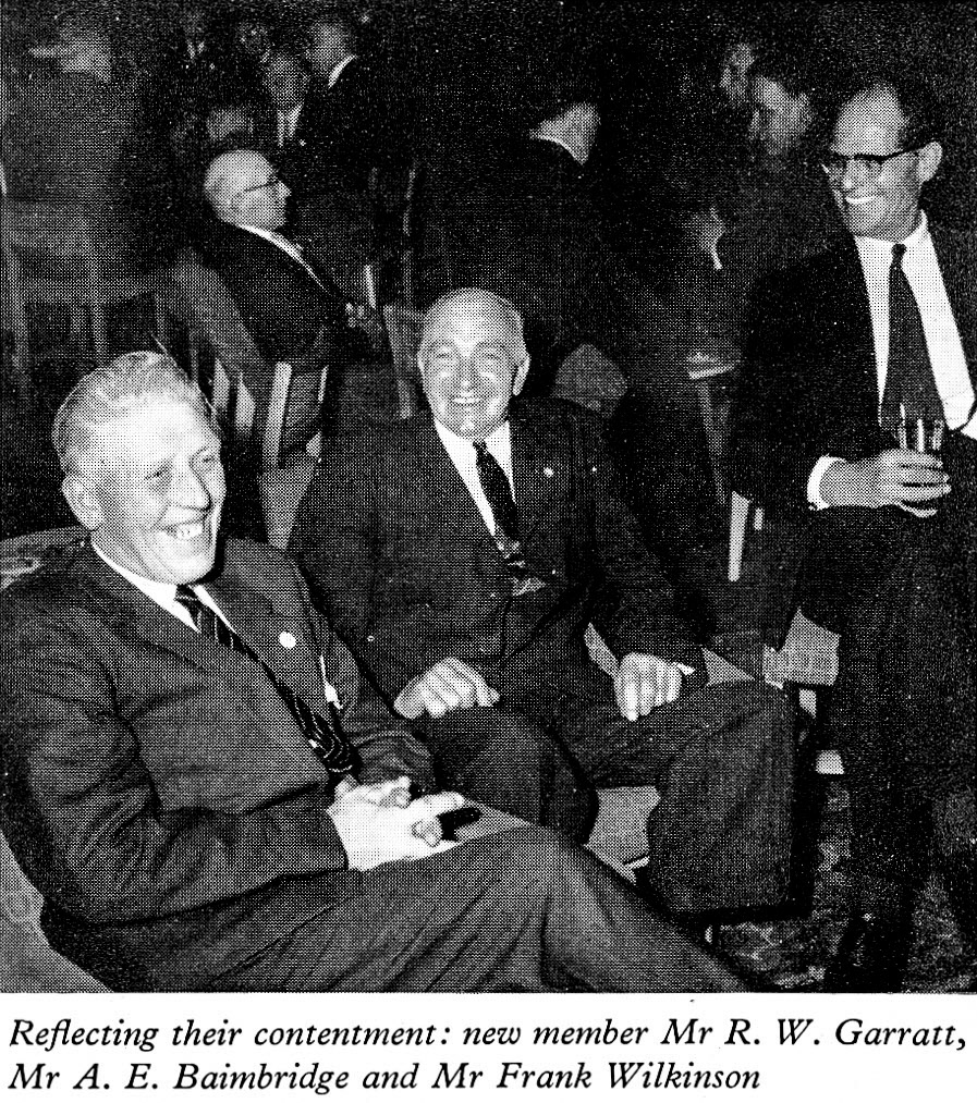 1961 Long Service Dinner at The Edinburgh Suite, Belle Vue, Manchester, Mr R.W. Garratt (Rowsley), Mr A.E. Bainbridge (Brailsford) and Mr Frank Wilkinson. (LSA Annual Review)