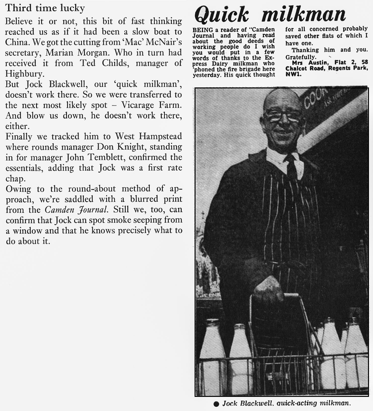 1973 West Hampstead milkman Jock Blackwell thanked for his quick action calling the fire brigade in Regents Park. (Express News Summer)