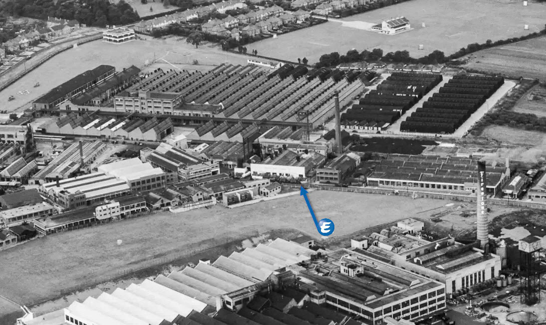1953-18th July. "The Firestone Tyre and Rubber Co Factory off Great West Road and environs, Brentford" showing location of Express Processing plant, arrowed. (Courtesy Historic England, Aerofilms Collection-EAW050745)