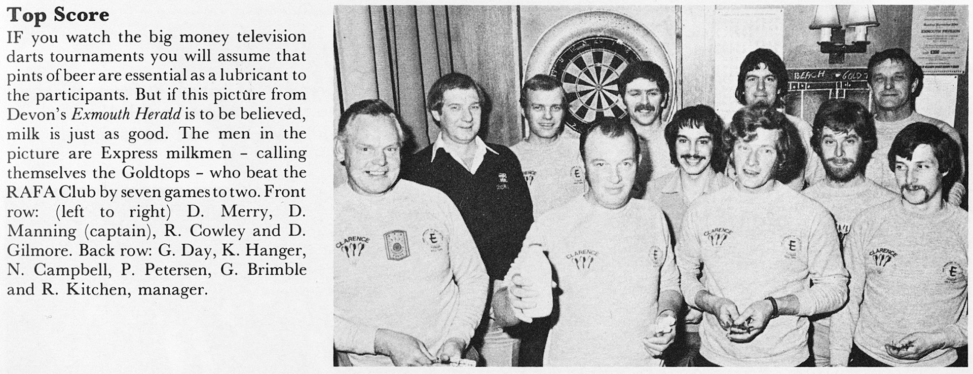 1982 Exmouth milkmen tops at darts