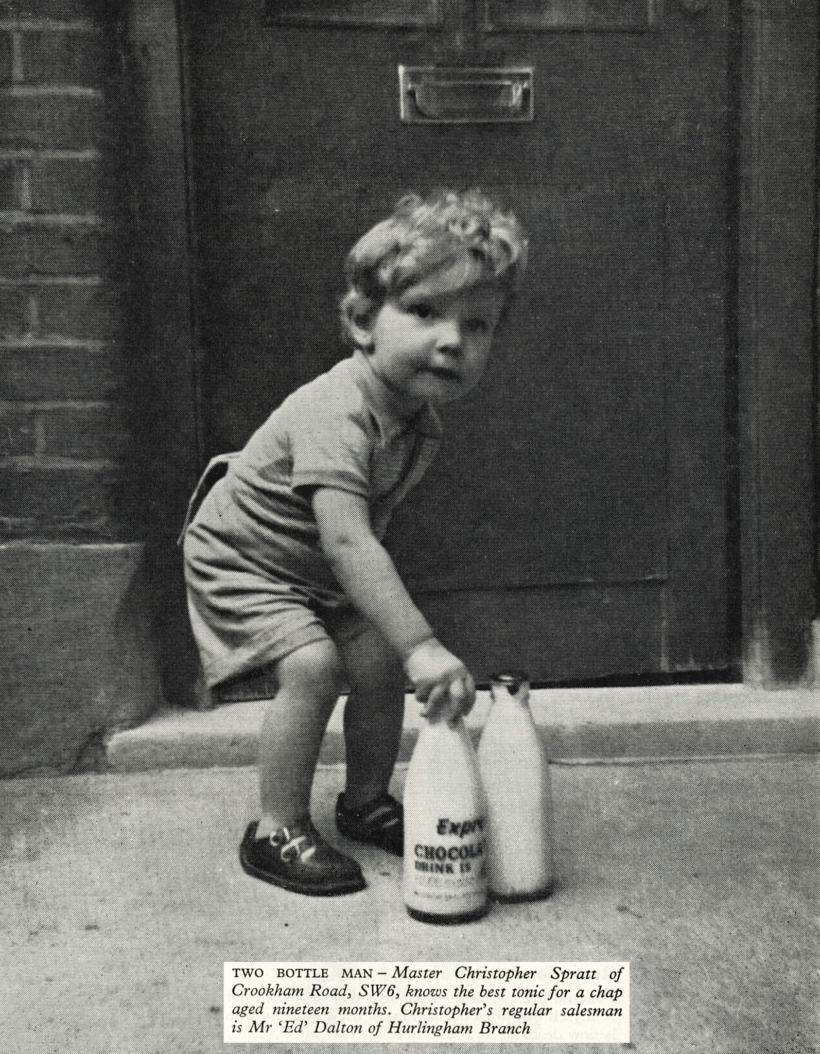 1957 Young Hurlingham Depot customer Christopher Spratt, served by 'Ed' Dalton. (Express News March)