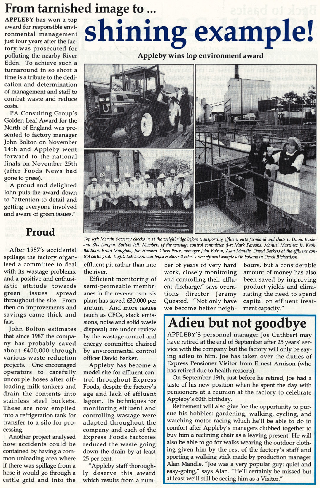 1991 Appleby wins environmental award for effluent plant, and retirement of Joe Cuthbert as Personnel Manager