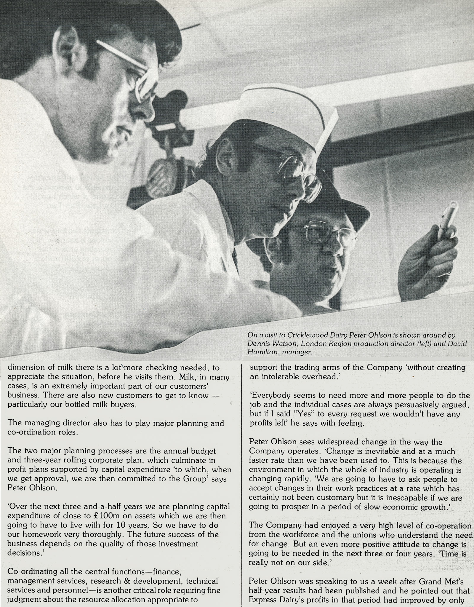 1982 Profile of Peter Ohlson, recently appointed MD of Expess Dairy Group, with Dennis Watson and David Hamilton, Cricklewood Manager. (Express News Summer)