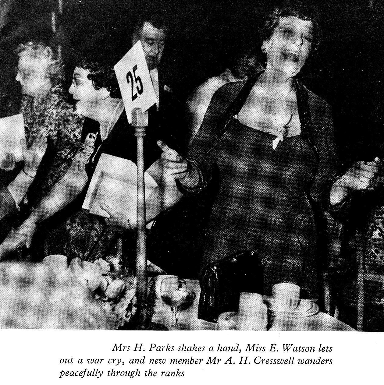1961 Long Service Dinner at The Grosvenor Rooms, Mrs H. Parks (Caterers), Miss E. Watson and Mr A.H. Cresswell (Canonbury). (LSA Annual Review)